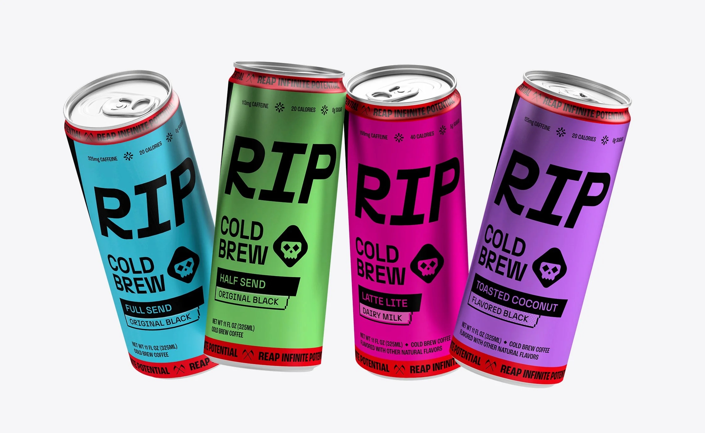 A lineup of RIP Cold Brew's packaging including Original Black, Dairy Milk, and Flavored Black. The cans are blue, green, pink, and purple.