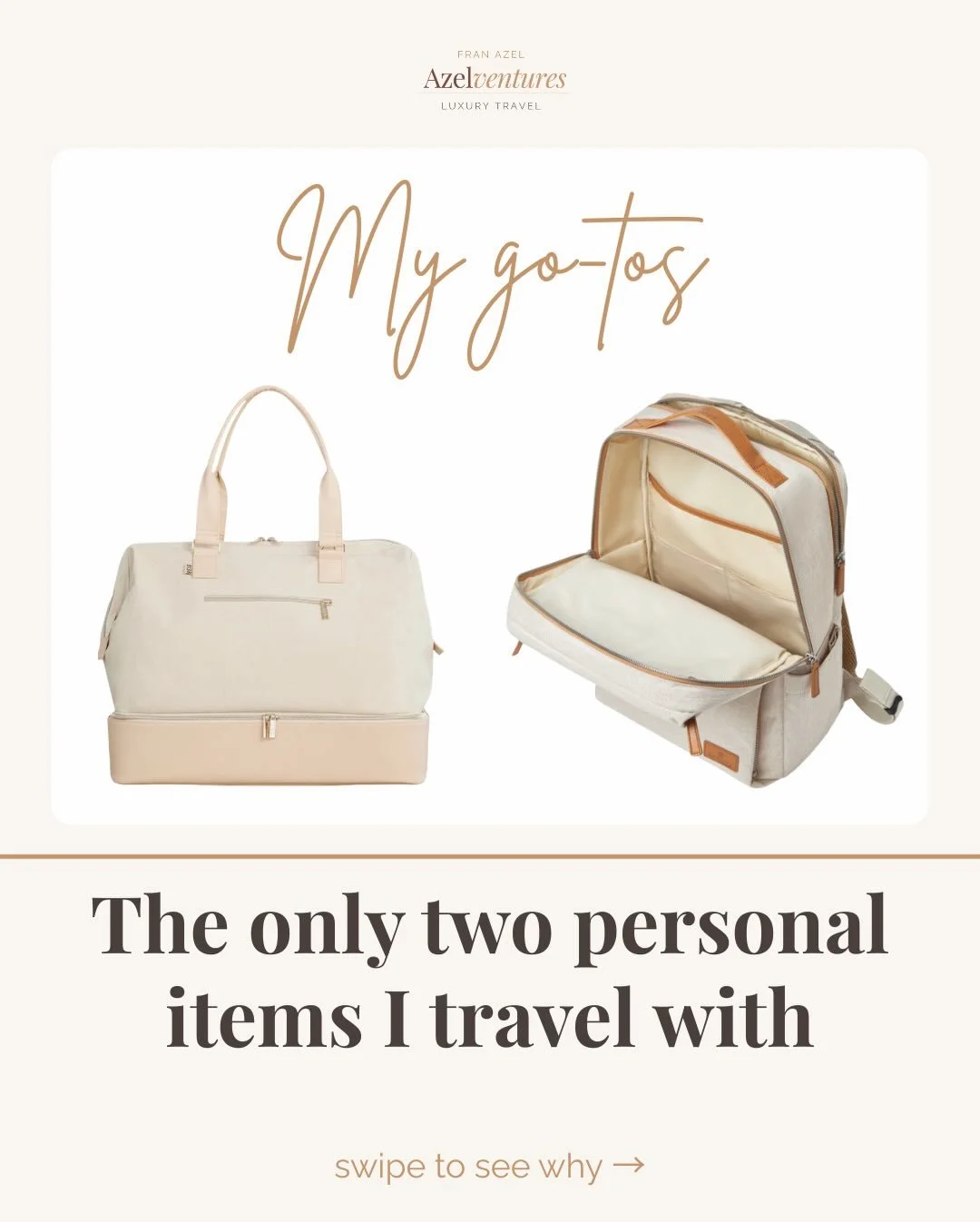 Some trips call for squeezing every last outfit in. 
Other trips call for moving fast and keeping it simple.

That&rsquo;s why I travel with two.

The Beis weekender when I need just a little more room... because sometimes one extra pair of shoes is 