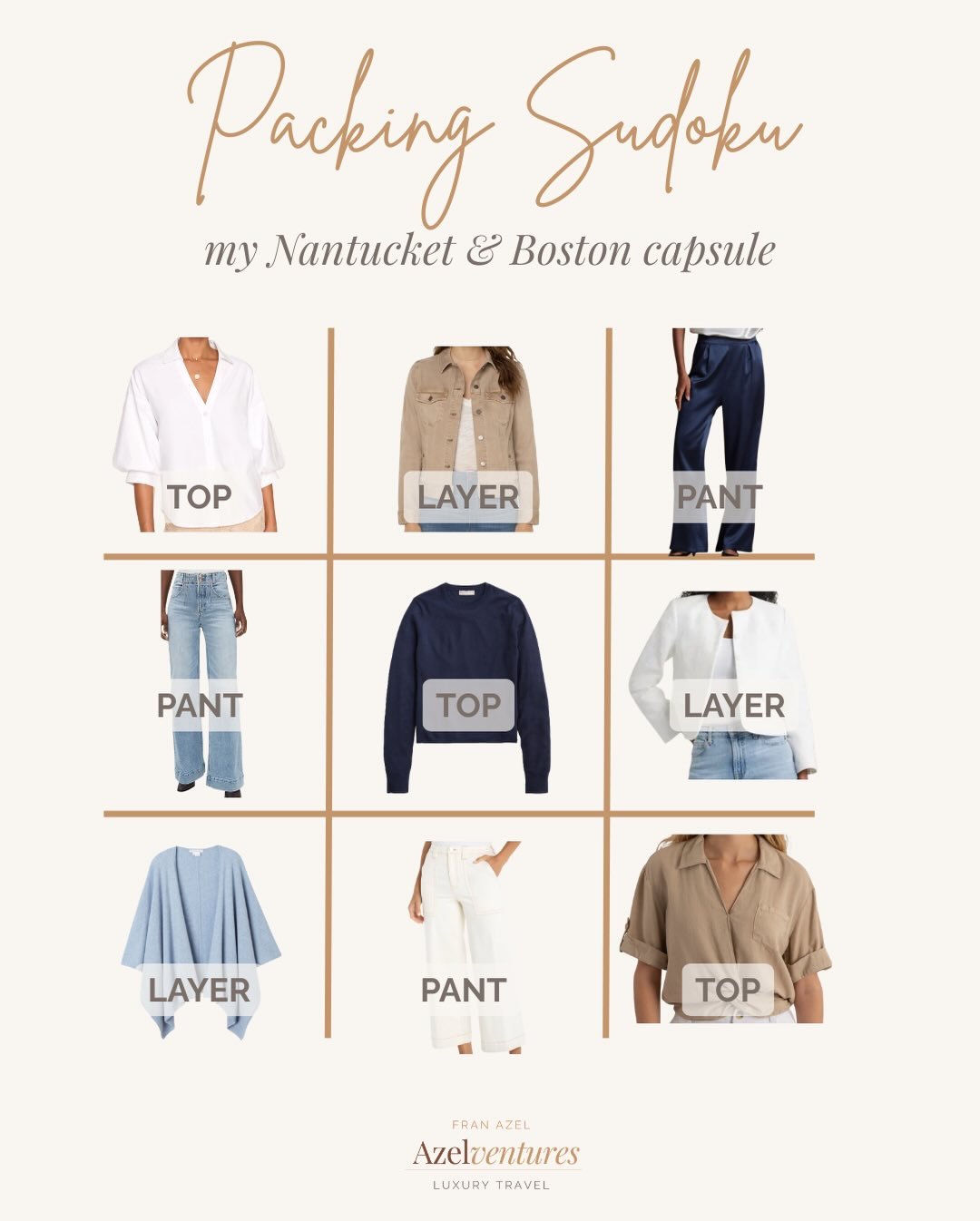 Nine pieces. Three bottoms. Endless options.

The secret is not packing more. It&rsquo;s packing smarter.

Stick to a neutral color palette where every piece works with at least two others. If it only goes with one thing, leave it home.

This was my 