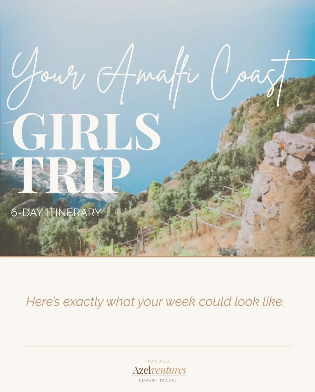 Six days. One of the most beautiful coastlines in the world. The right women.

This is the kind of trip you talk about for years.

Every detail handled. From the private boat around Capri to the cooking class with Mamma Agata to the morning you wande