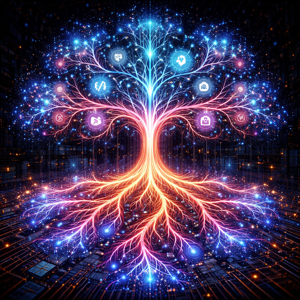 A digital illustration of a glowing tree made of interconnected lights and neural-like branches with icons representing health, fitness, and wellness surrounding it, set against a starry, futuristic background.