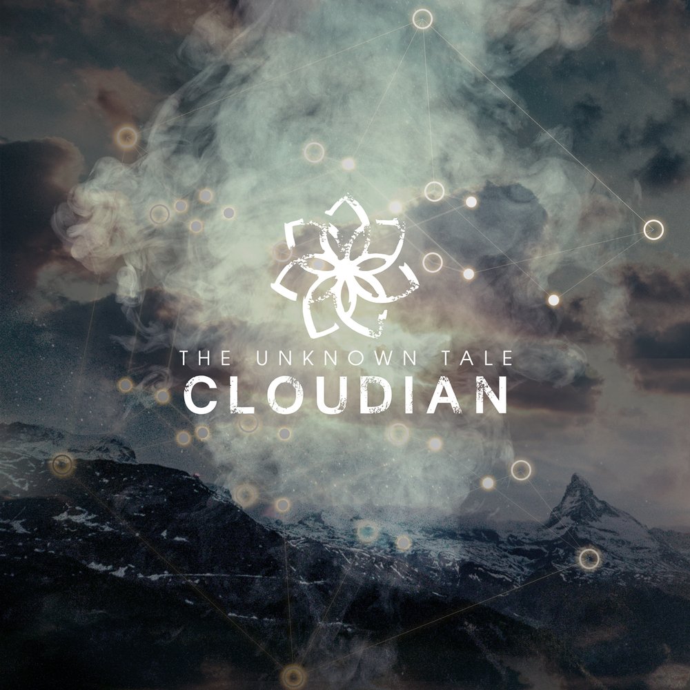 Cloudy mountain landscape with a misty sky, overlaid with a digital network of connected circles and lines, and a white flower-like logo with the text 'The Unknown Tale Cloudian'.