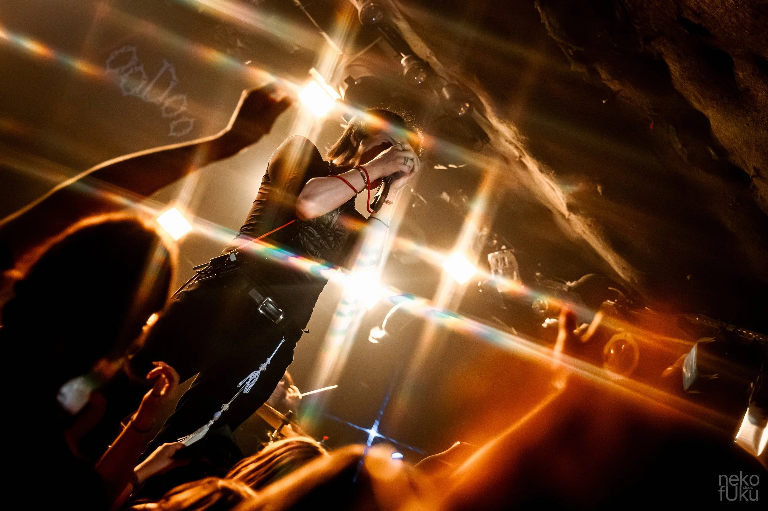 A person standing among a crowd at a concert or event, holding a microphone close to their mouth, with dramatic lighting and lenses flares creating an artistic effect.