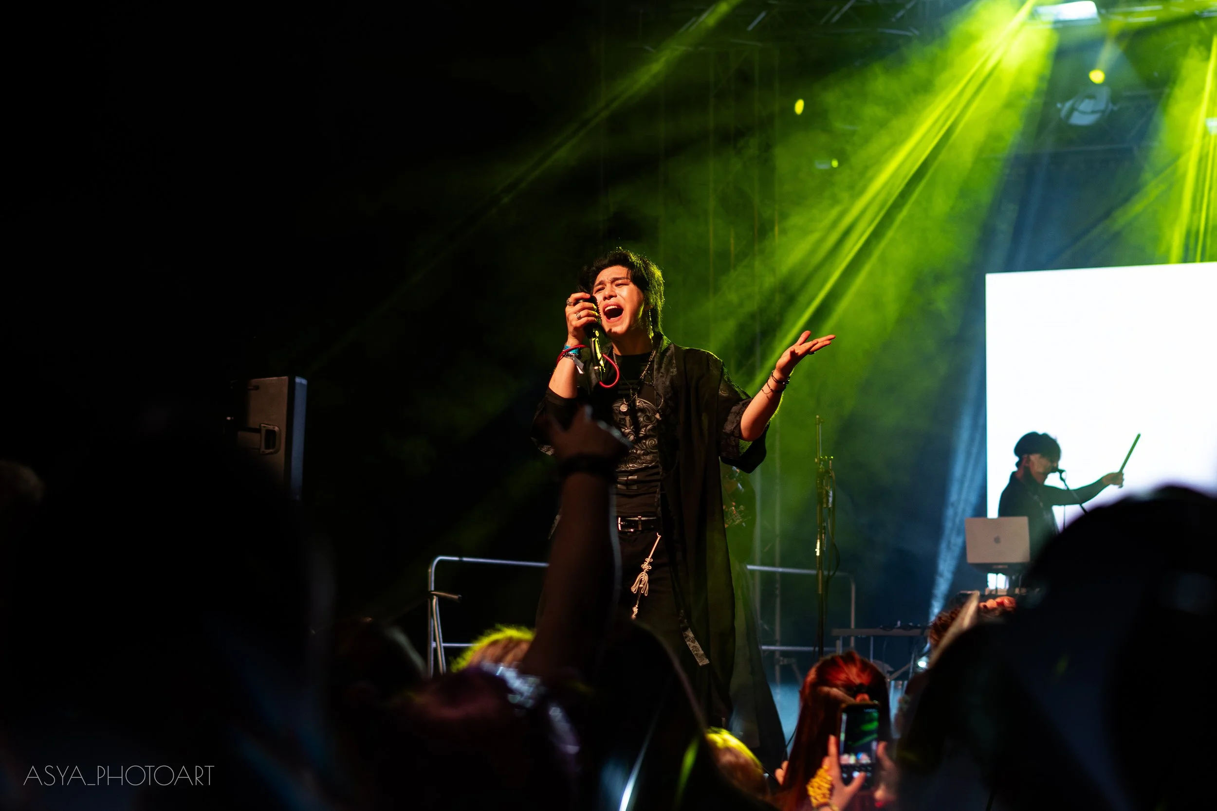 A woman singing passionately into a microphone on stage with green lights and a DJ in the background at a concert.