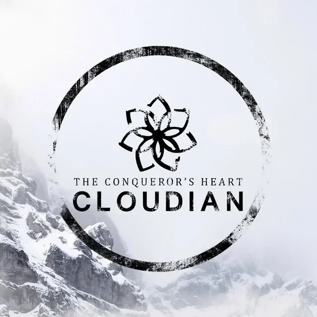 Snow-covered mountains with a logo that features a stylized snowflake and text that reads, "The Conqueror’s Heart Cloudian."