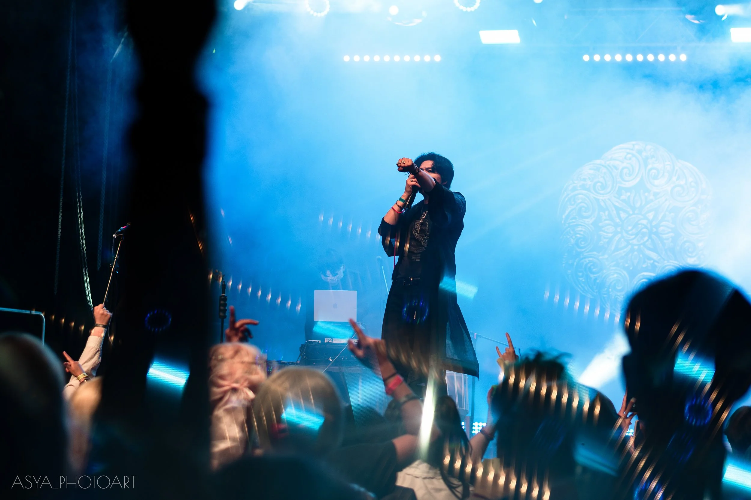 A singer or performer on stage holding a microphone, with an concert crowd in front. Blue and white lighting, decorative background, audience raising their hands.