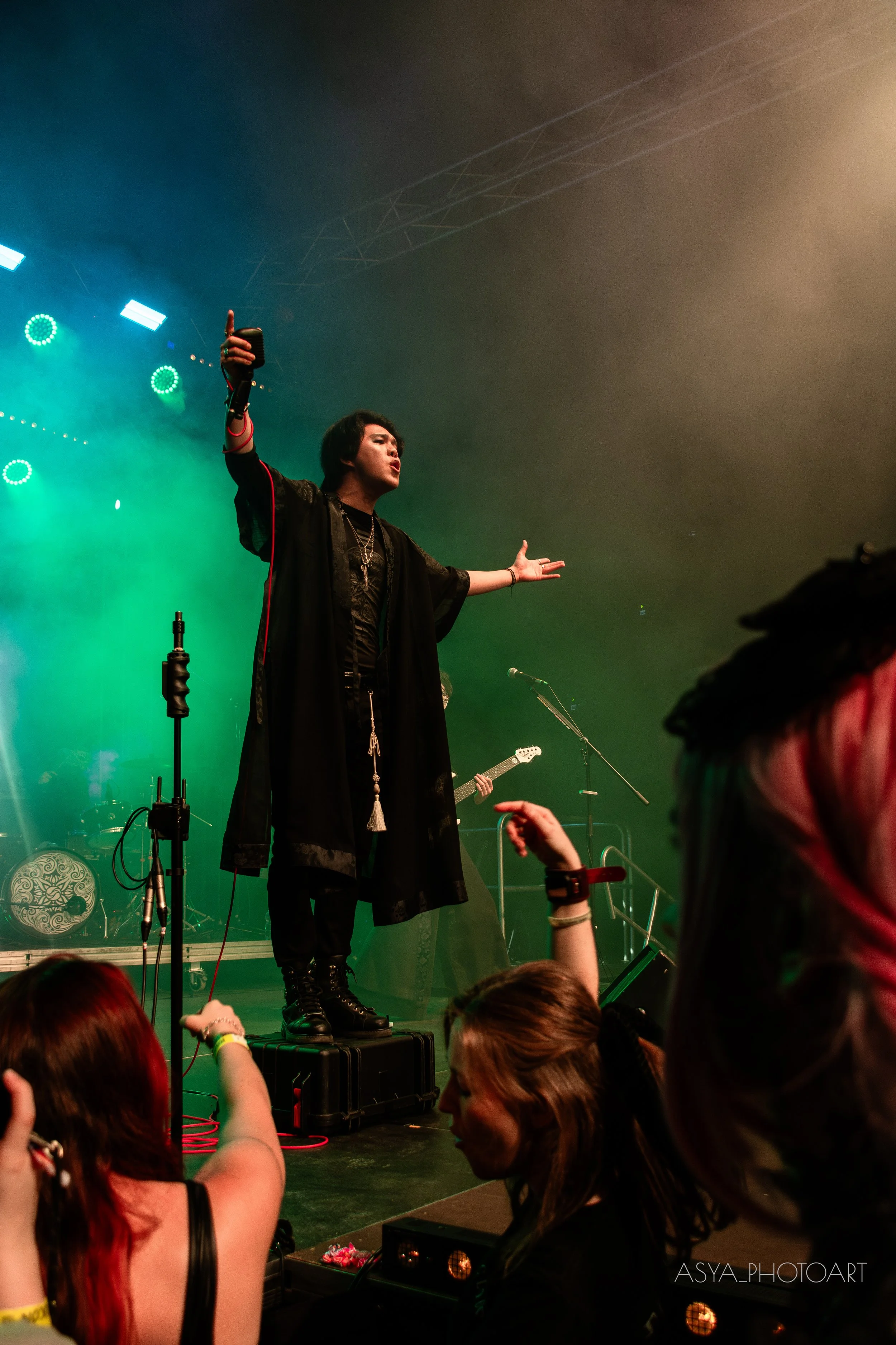 A performer on stage with arms outstretched, holding a microphone, wearing dark clothing and boots, with green stage lighting and a guitar in the background, engaging with an audience of fans.
