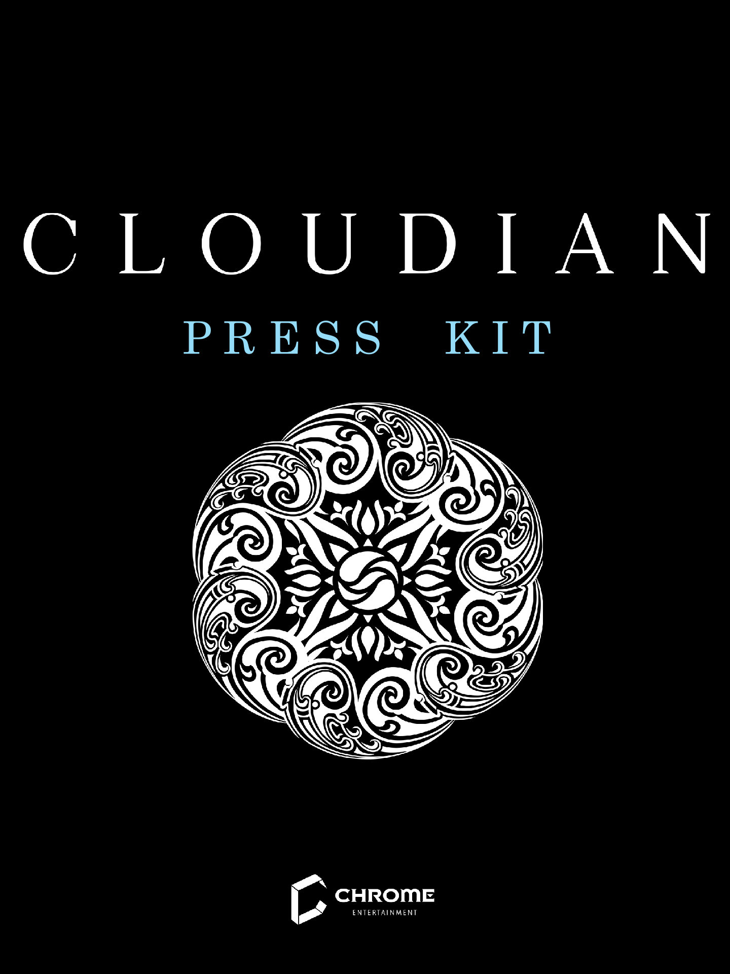 A promotional image for the game 'Cloudian,' featuring the title in large white letters, a detailed black and white Celtic knot design, and the 'Chrome Entertainment' logo at the bottom.