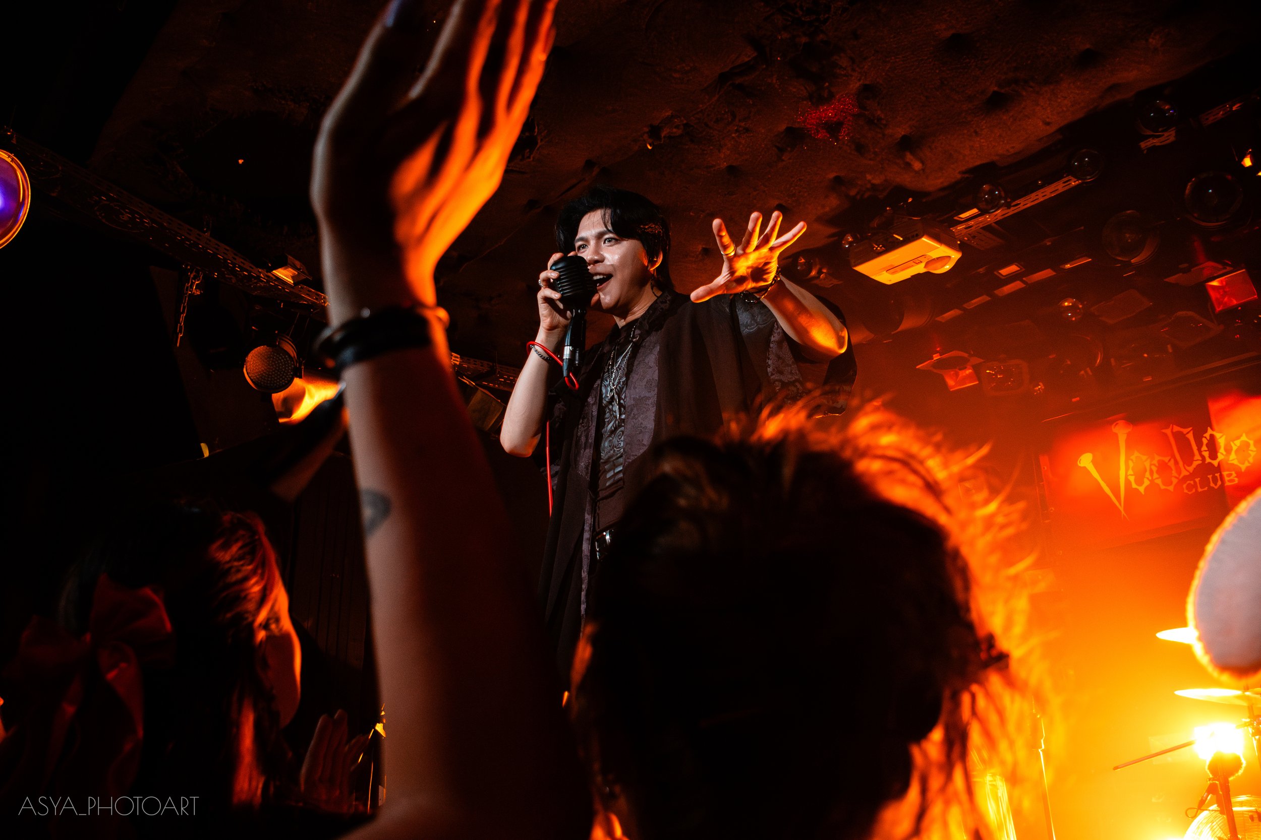 A male singer performing on stage with a microphone, surrounded by a crowd at a concert with red and yellow stage lights.