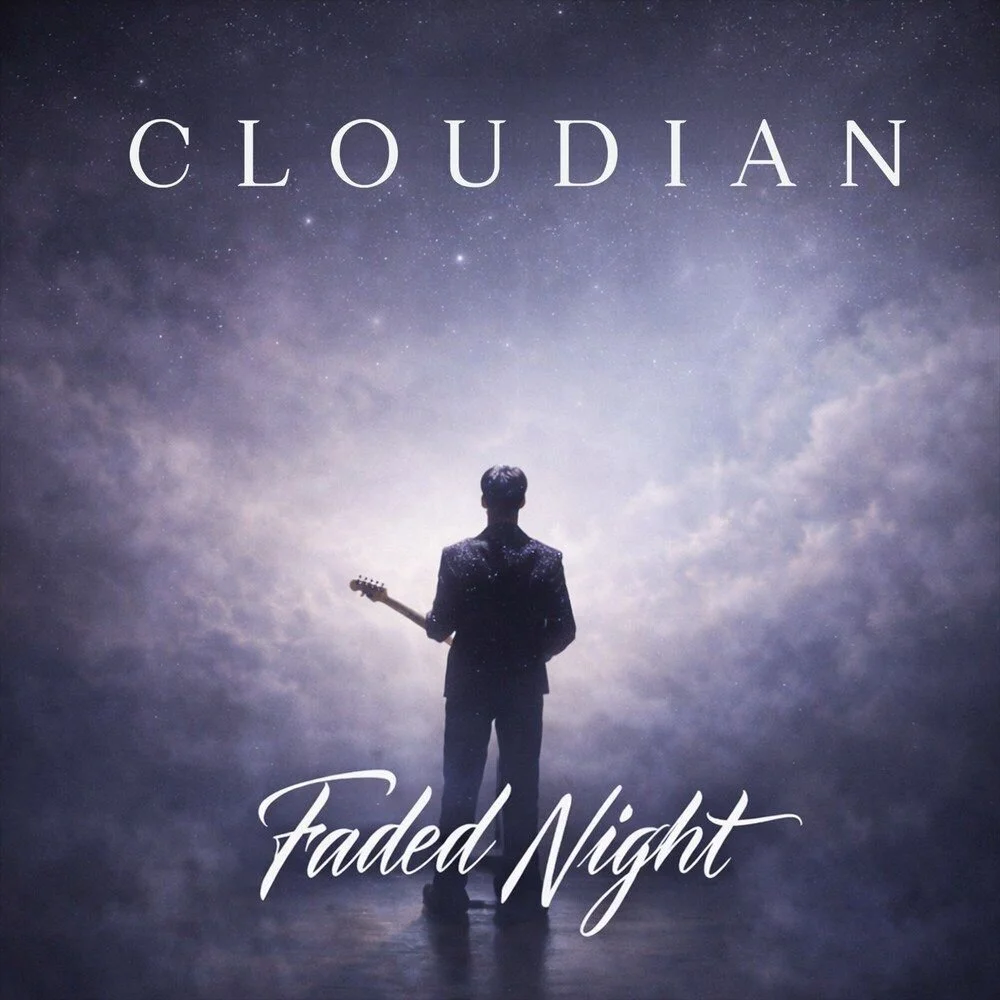 An album cover titled "Faded Night" by Cloudian. It features a silhouette of a man holding a guitar, standing on a reflective surface against a starry night sky with clouds, in a dreamy, surreal style.