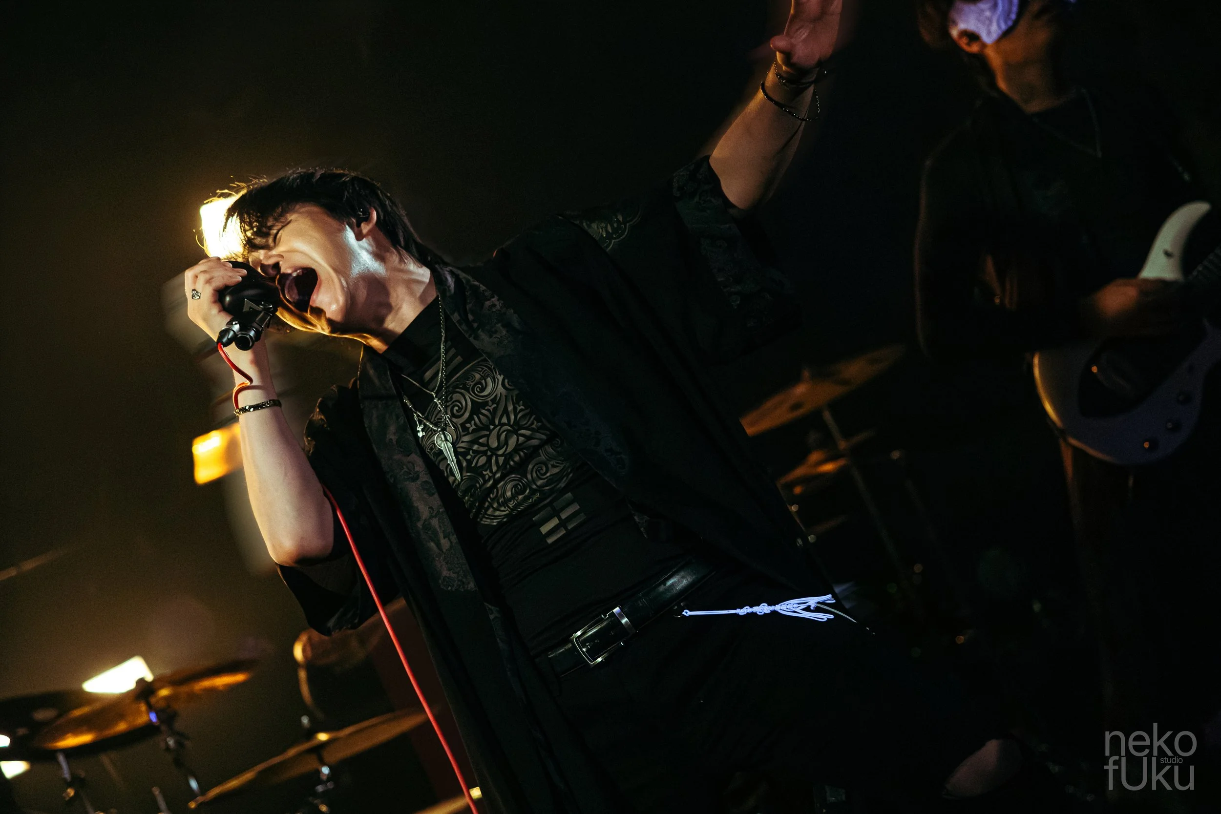 A person singing into a microphone during a concert with drums in the background.