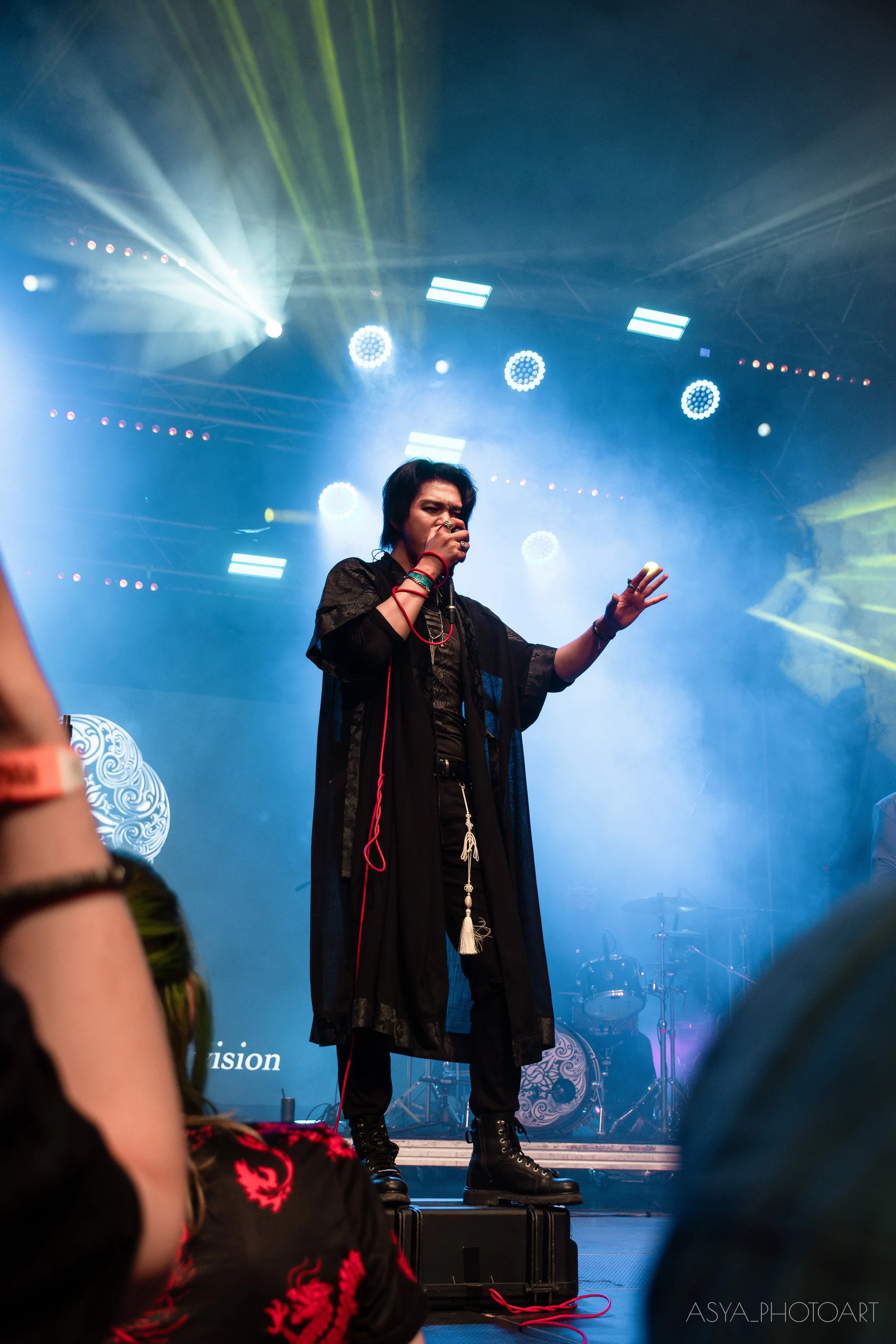 Performer singing on stage during concert, surrounded by stage lights and fog, wearing dark clothing and boots, holding microphone.