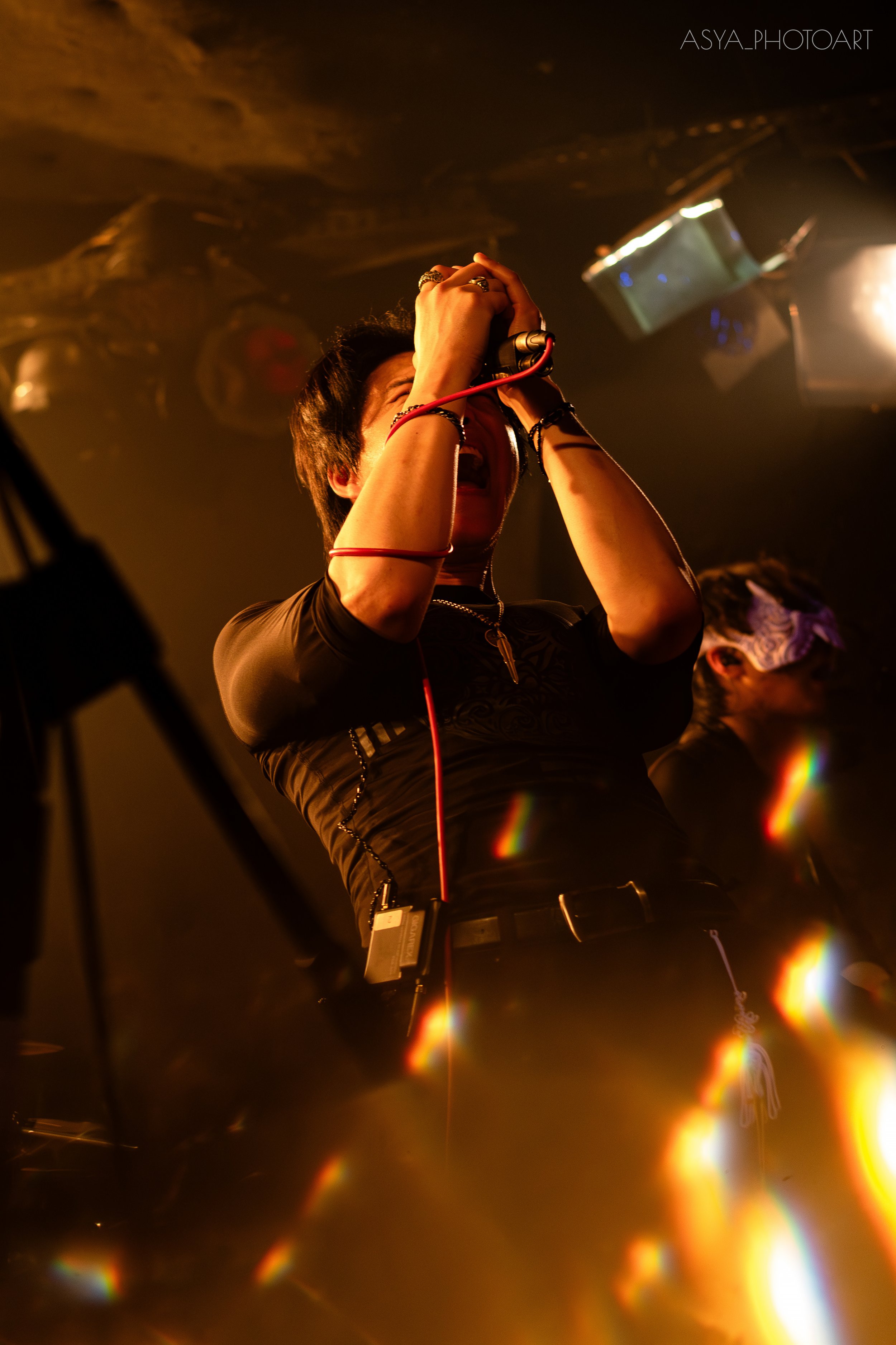 A person with short dark hair and wearing black clothing passionately singing or shouting into a microphone during a live music performance. The scene is dimly lit with warm lighting and lens flare effects.