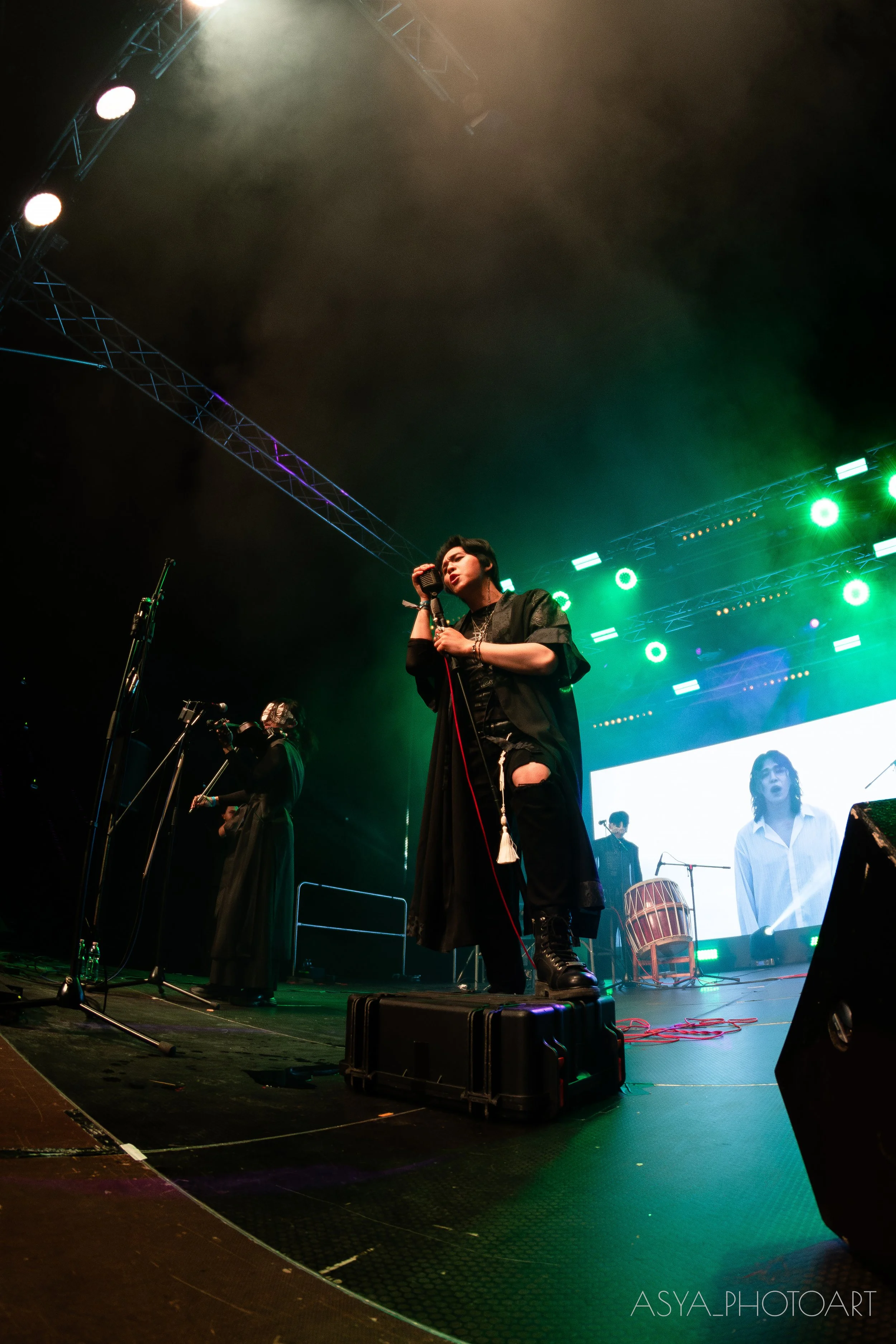 A singer holding a microphone performs on stage with vibrant green and purple stage lighting, backed by a band and a large digital screen.