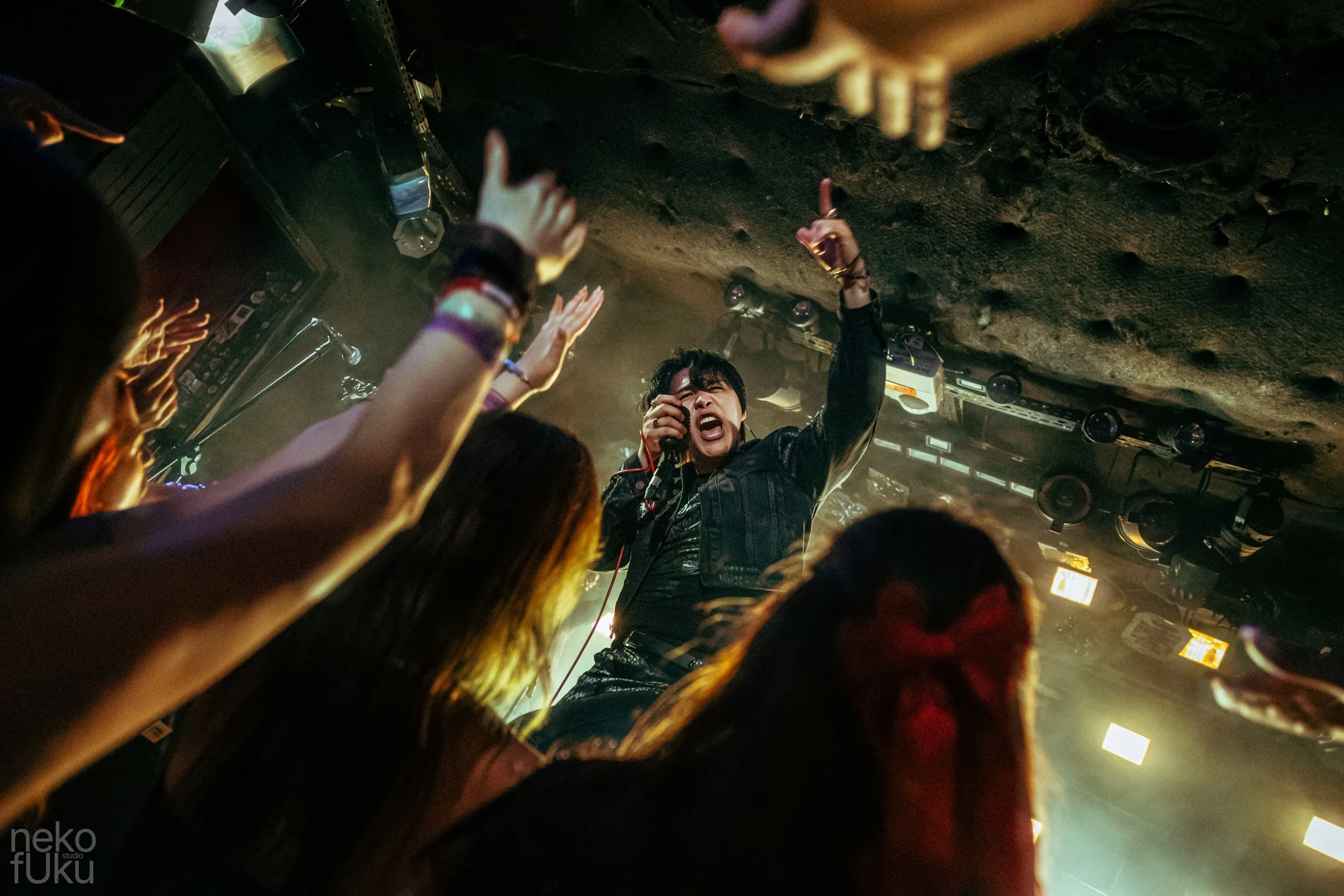 A singer performing on stage at a concert, holding a microphone with one hand and raising the other hand with the index finger pointing up. The singer appears emotional and engaged with the audience, with crowd members' hands raised in the foreground