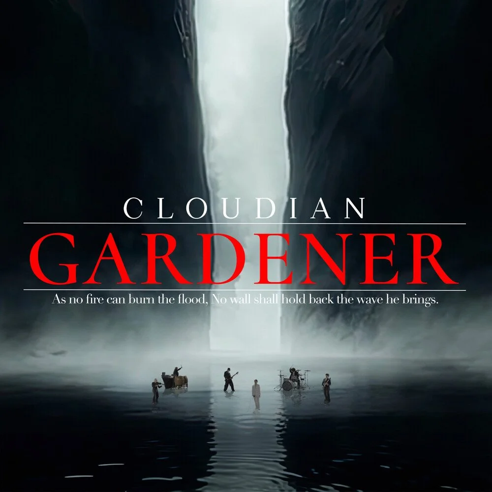 A promotional poster for the movie 'Gardener' by Cloudian, showing a waterfall in a dark canyon with a band of musicians standing in water at the bottom.