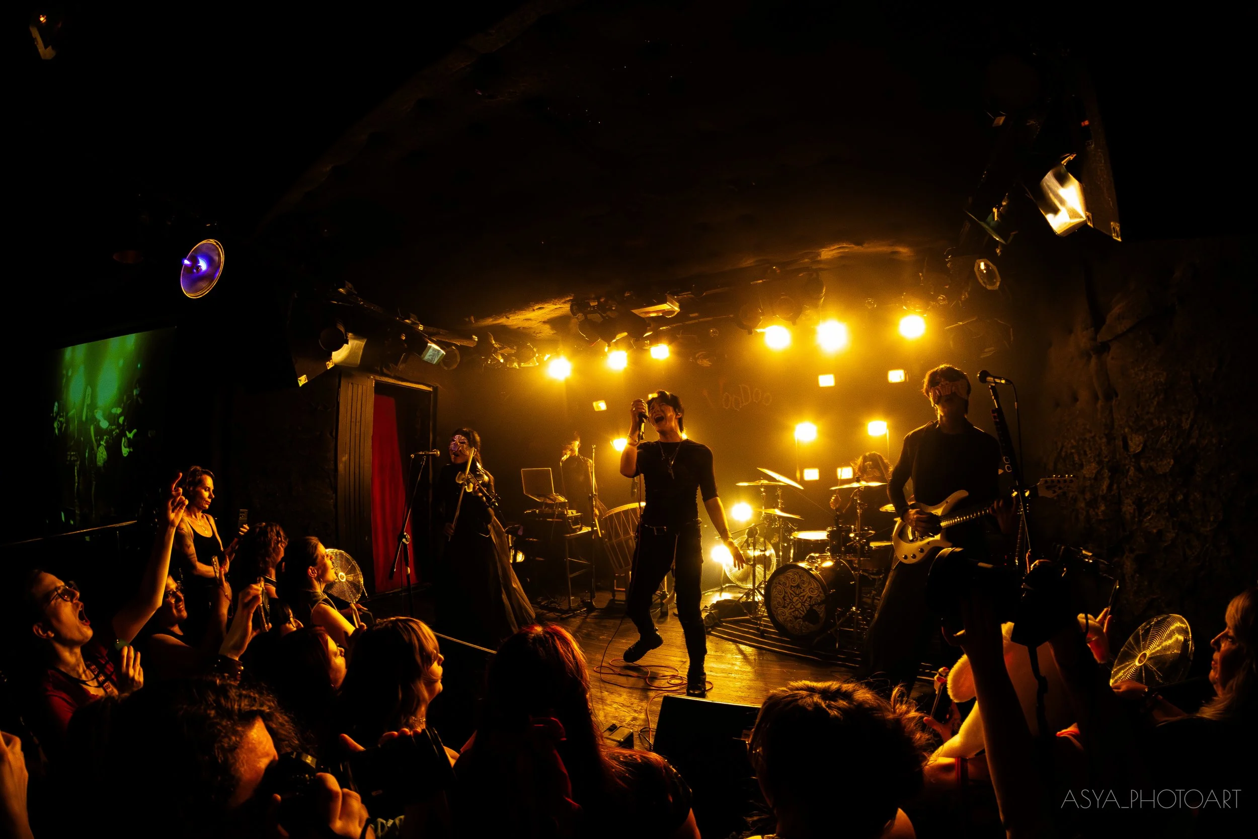 Musicians performing on stage with bright lights, audience watching and cheering in a dimly lit concert venue.