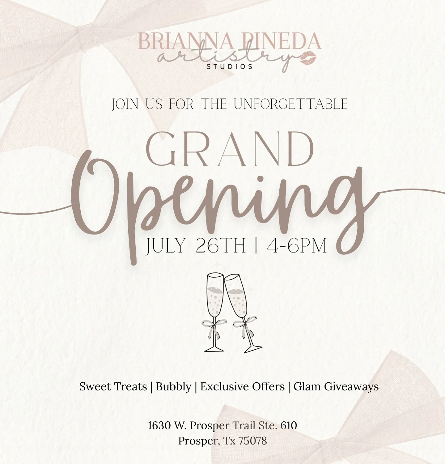 It’s official — we’re opening our doors! πβ¨
Come celebrate the Grand Opening of Brianna Pineda Artistry Studios with us on July 26th from 4–6 PM!
We’ll have:
π§ Sweet Treats
π₯ Bubbly
π Glam Giveaways
π Exclusive Bea