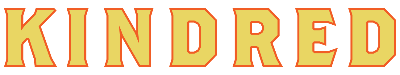 The word 'KINDRED' written in large, yellow, block letters with an orange outline on a black background.