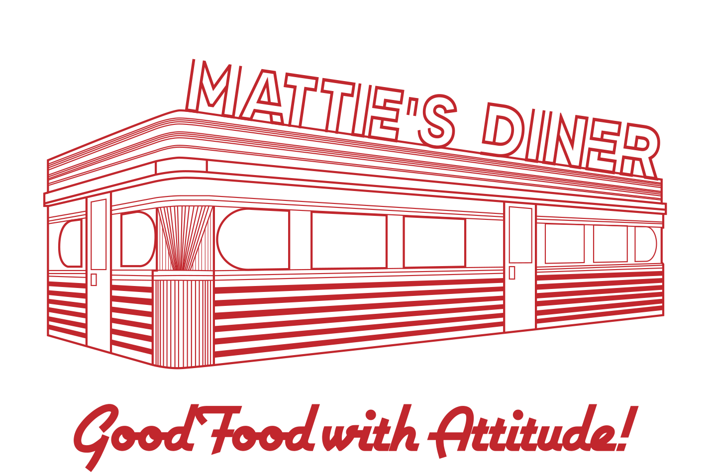 Line drawing of a diner with a neon sign reading 'Mattie's Diner' on top and the slogan 'Good Food with Attitude!' below.
