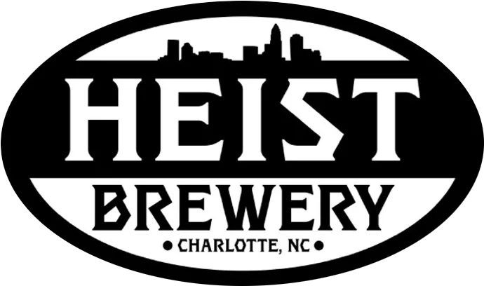 Heist Brewery logo with a city skyline above the text, 'Heist Brewery Charlotte, NC', in black and white.