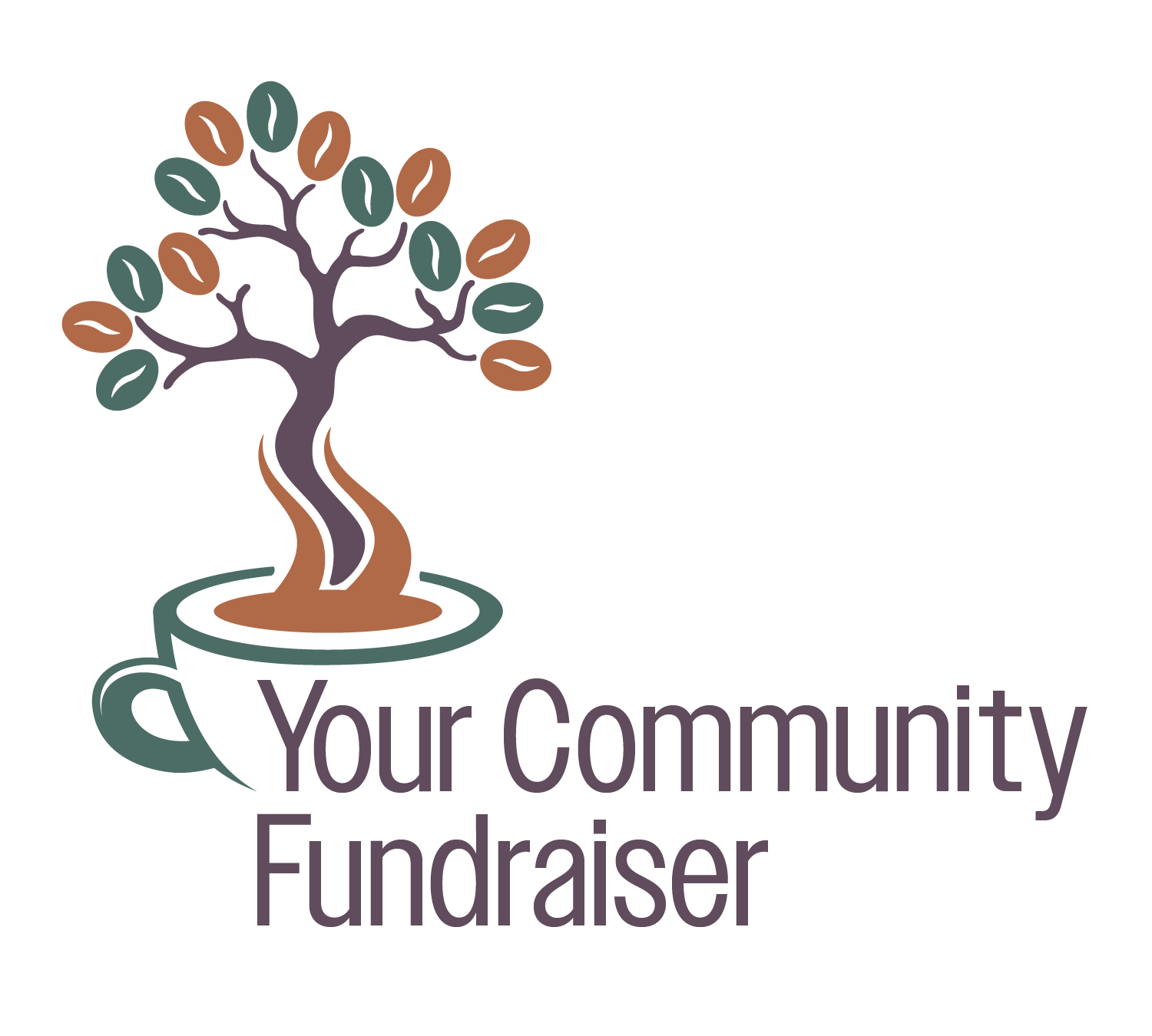 A logo featuring a coffee cup with a tree growing inside and the text "Your Community Fundraiser."