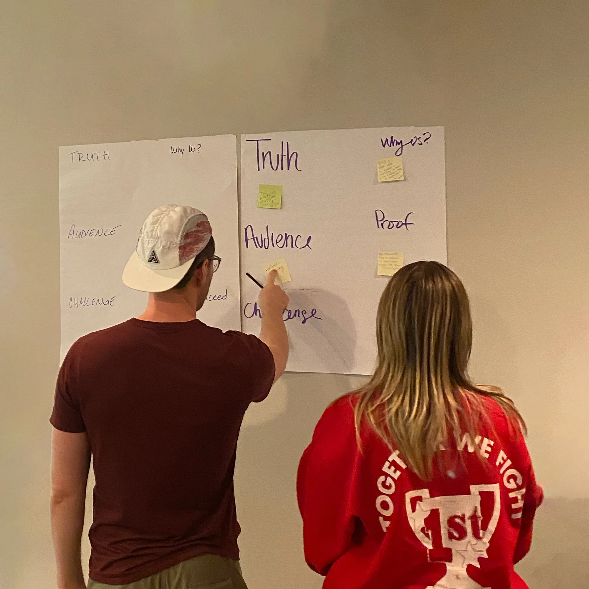 Two people standing in front of wall charts with notes, discussing topics like truth, audience, and challenge.