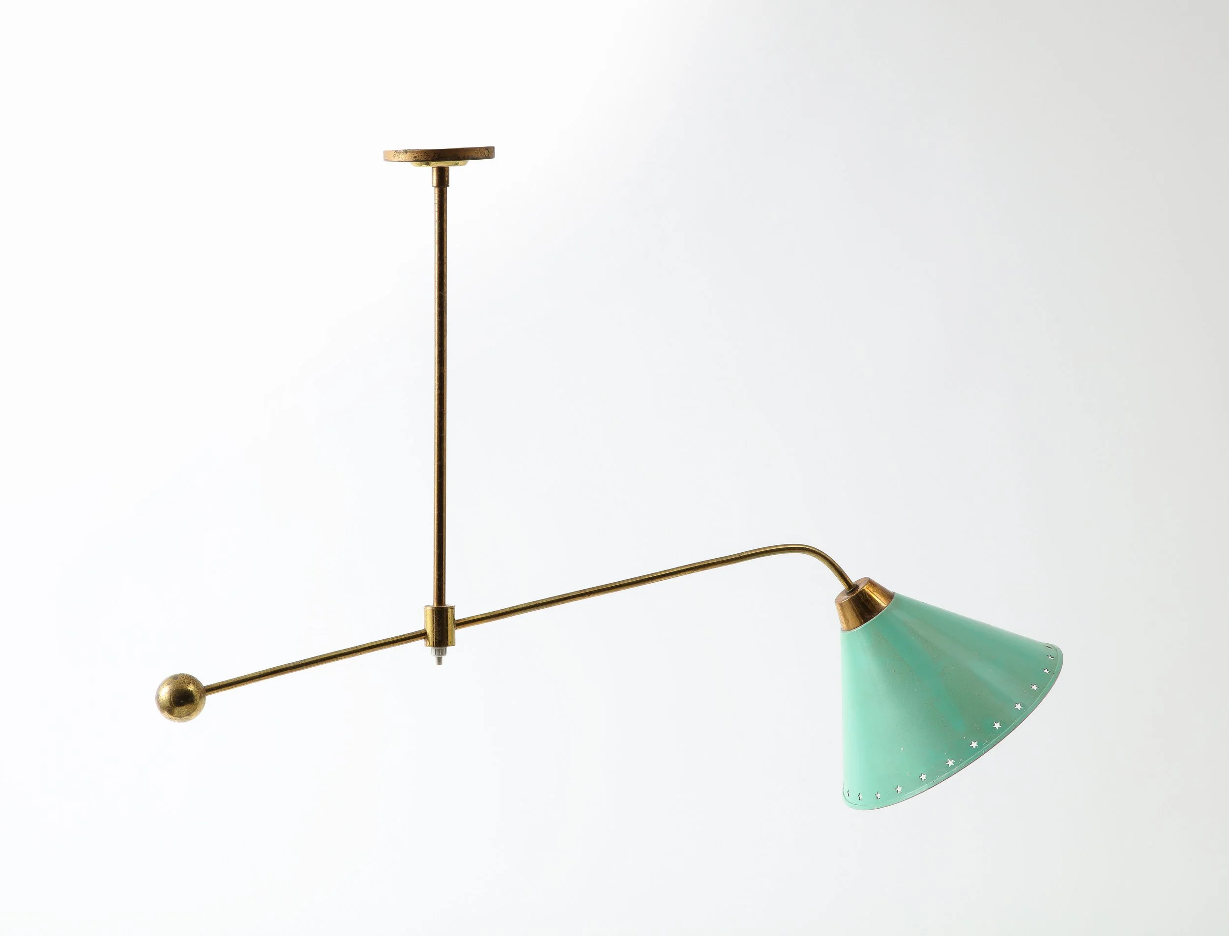 Lunel Mint Green Pendant Lighting Fixture with cutout star detail. Ceramic and brass.