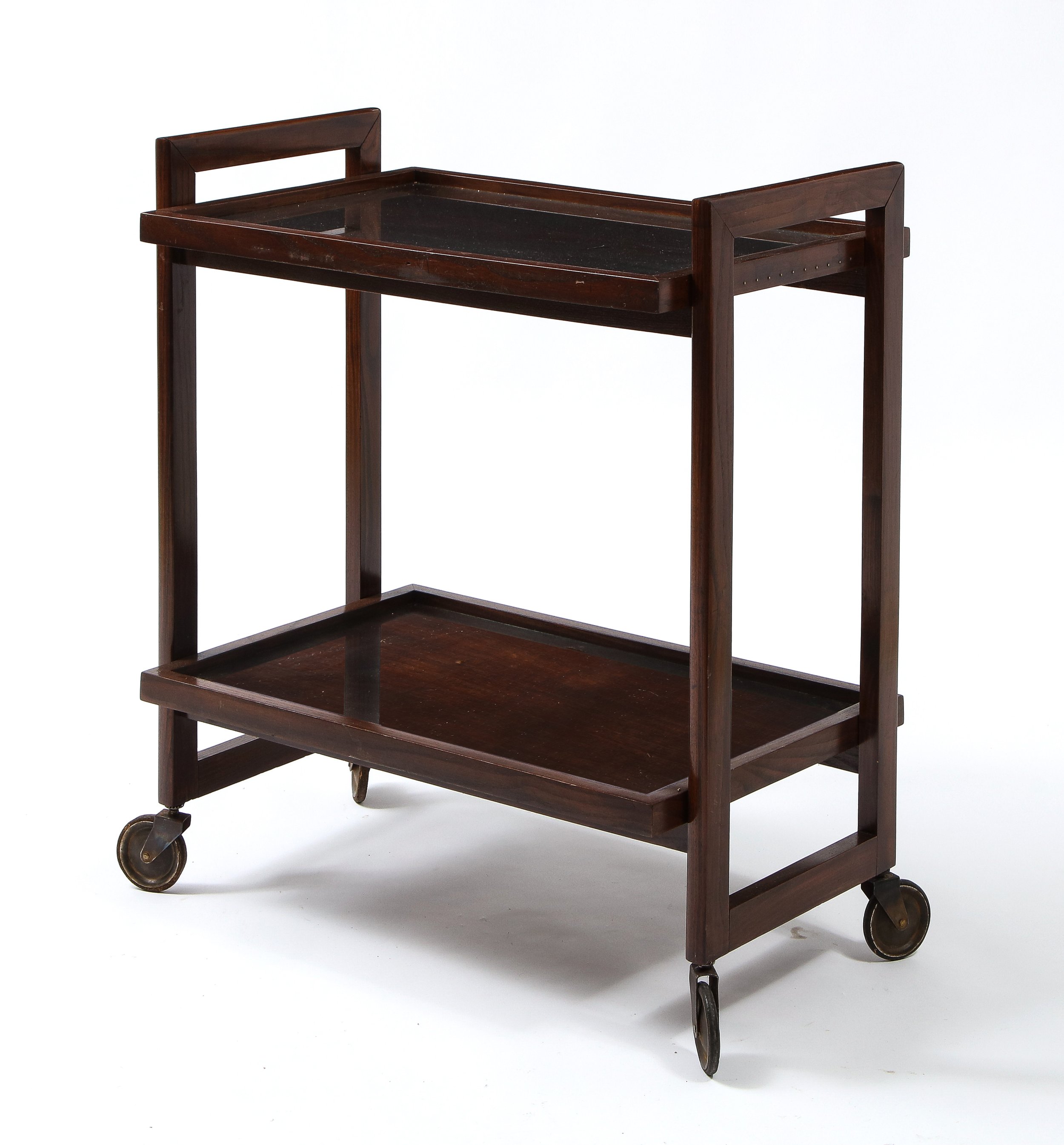 André Sornay Oregon Pine, Glass and Copper Bar Cart