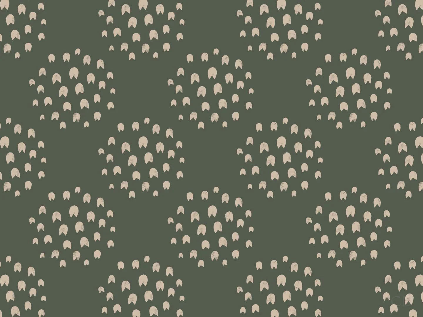 Seamless moss green pattern with cream abstract shapes in a cascading layout