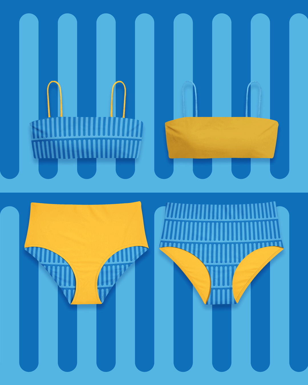 Two bikinis featuring When Creative Studio's 'Tides' pattern (dark and light blue stripes), switching combinations with yellow tops and bottoms.