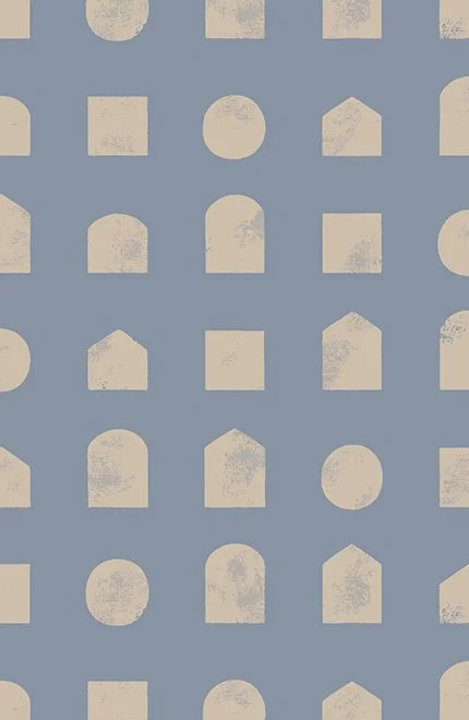 Seamless sky blue pattern with assorted cream shapes in a grid layout and subtle texture
