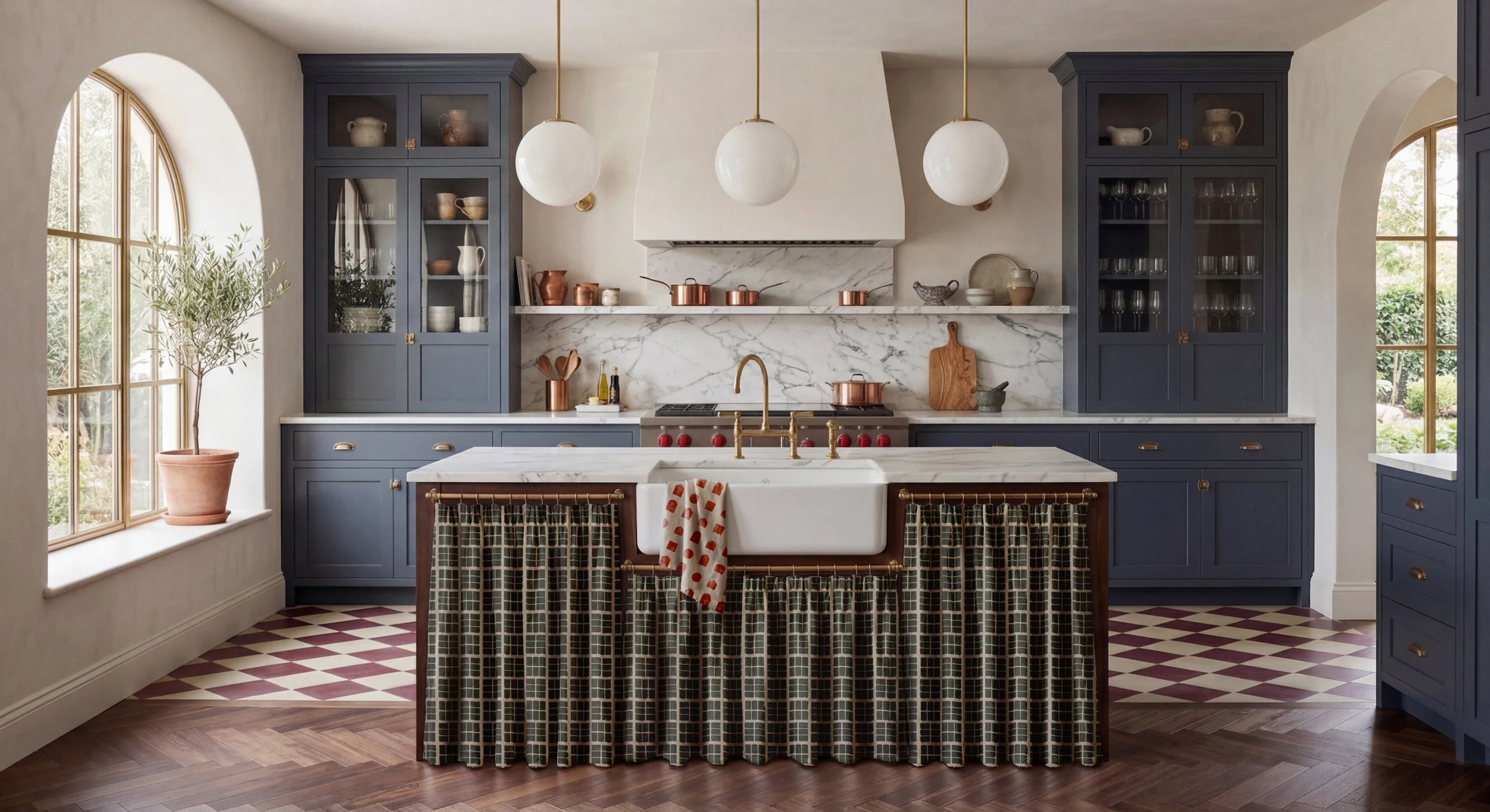 Luxury kitchen with moss green patterned island skirts, blue cabinets, and burgundy checkered floor