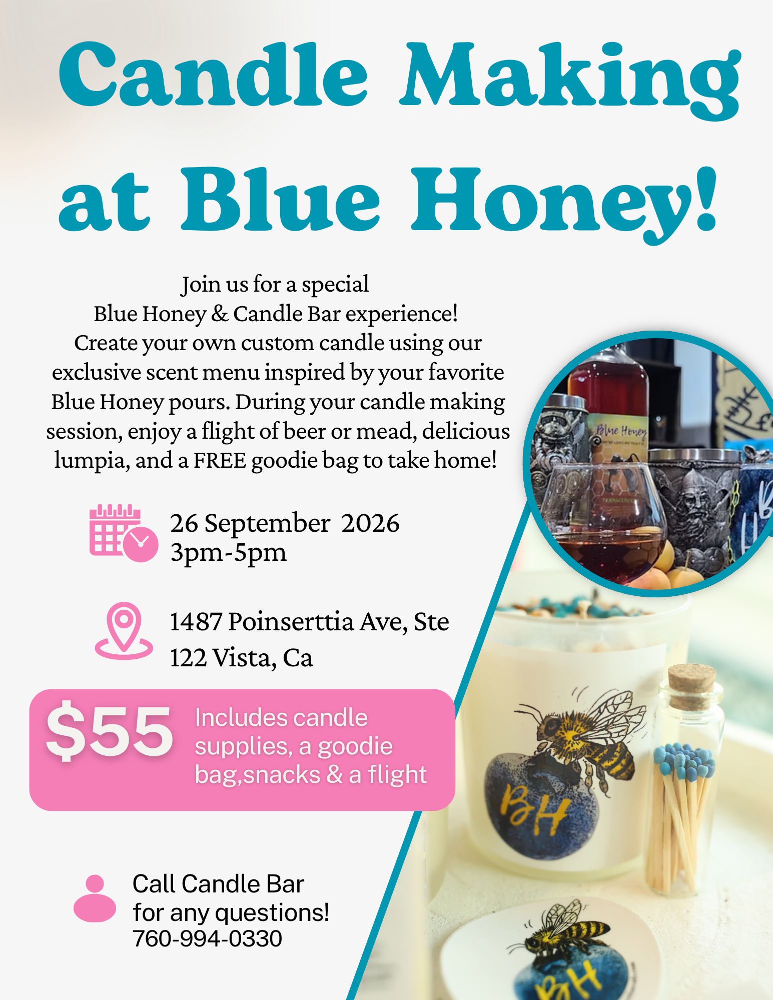Blue Honey  & Candle Bar: Sip & Pour Candle Workshop