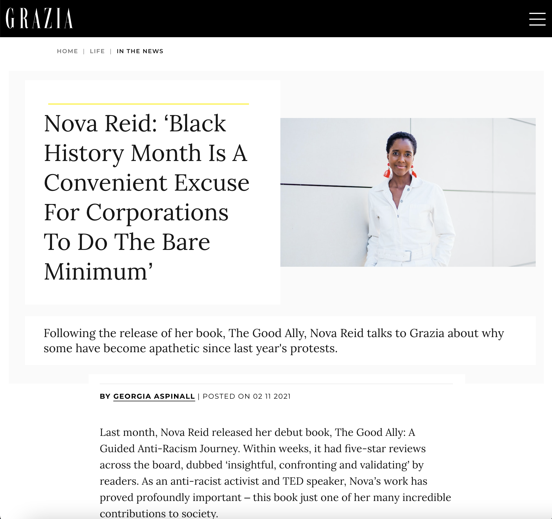 An interview in Grazia magazine discussing how to avoid tokenism in the workplace during black history month