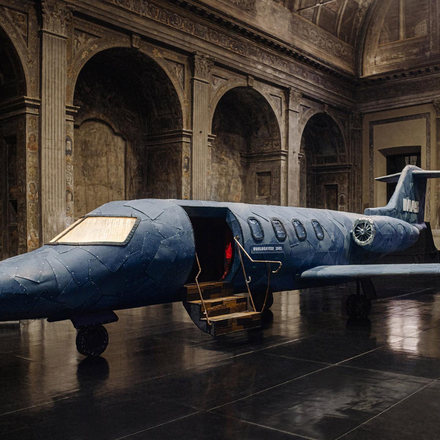 @maarten.baas a designer from the Netherlands, partnered with @gstarraw to produce an exhibition for Milan Design Week featuring a private plane wrapped in denim and cabinetry shaped like jeans.