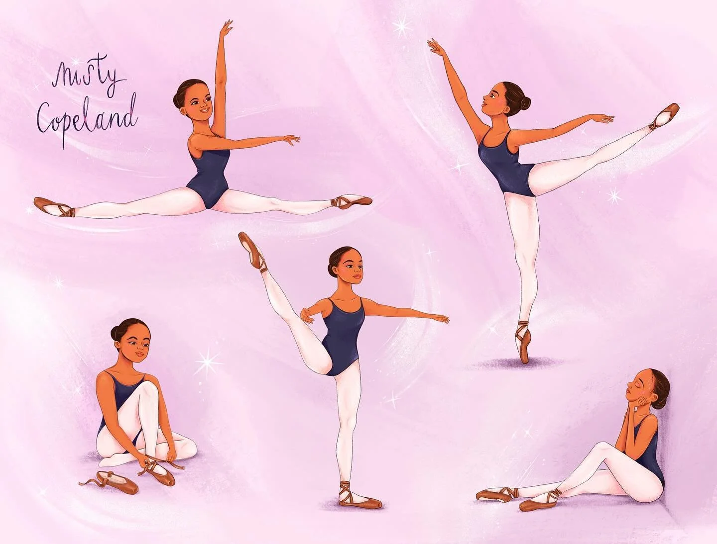 Character designs for a little @mistyonpointe 🩰✨ Inspired by the sweetest video of her dancing in brown pointe shoes for the first time.

First assignment for the @itsmetalent character study course 📚 ✏️ 
.

.
.

#mistycopeland #ballet 
#itsmelearn