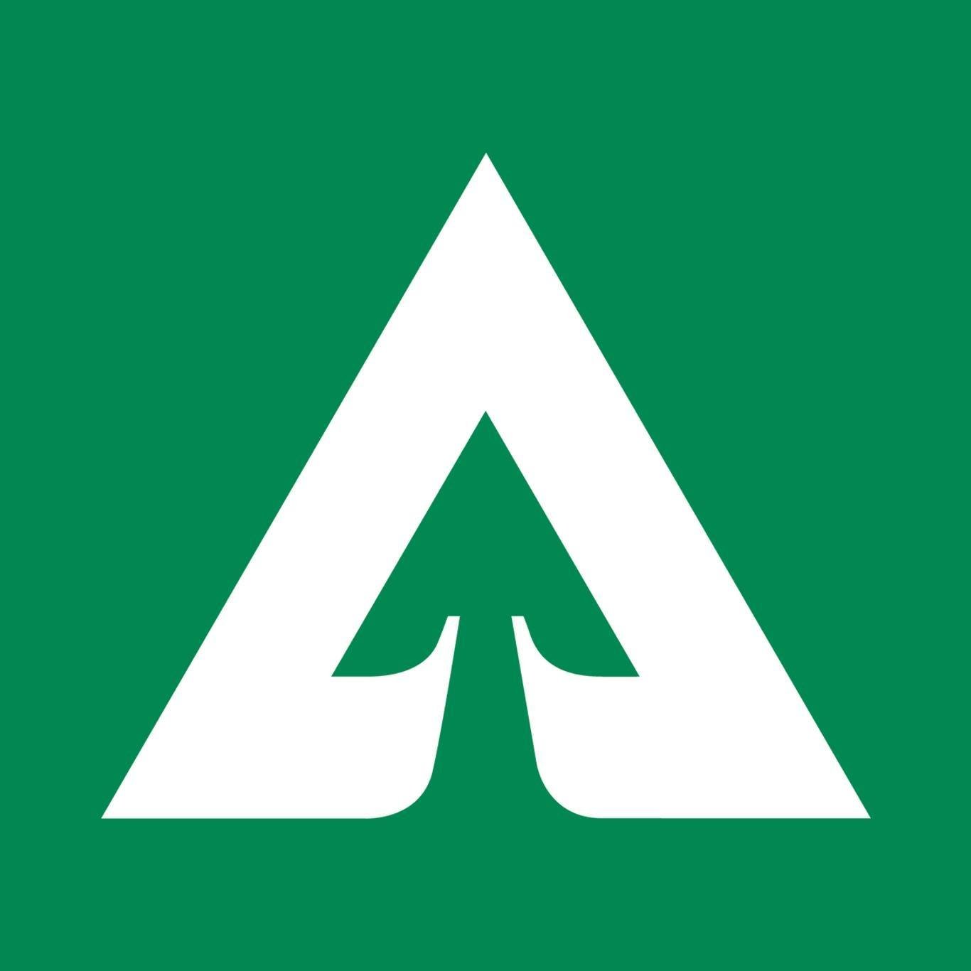 Weyerhauser logo, white abstract arrow with a triangular shape on a green background.