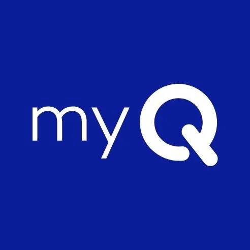 Logo with the text 'myQ' in white on a blue background.