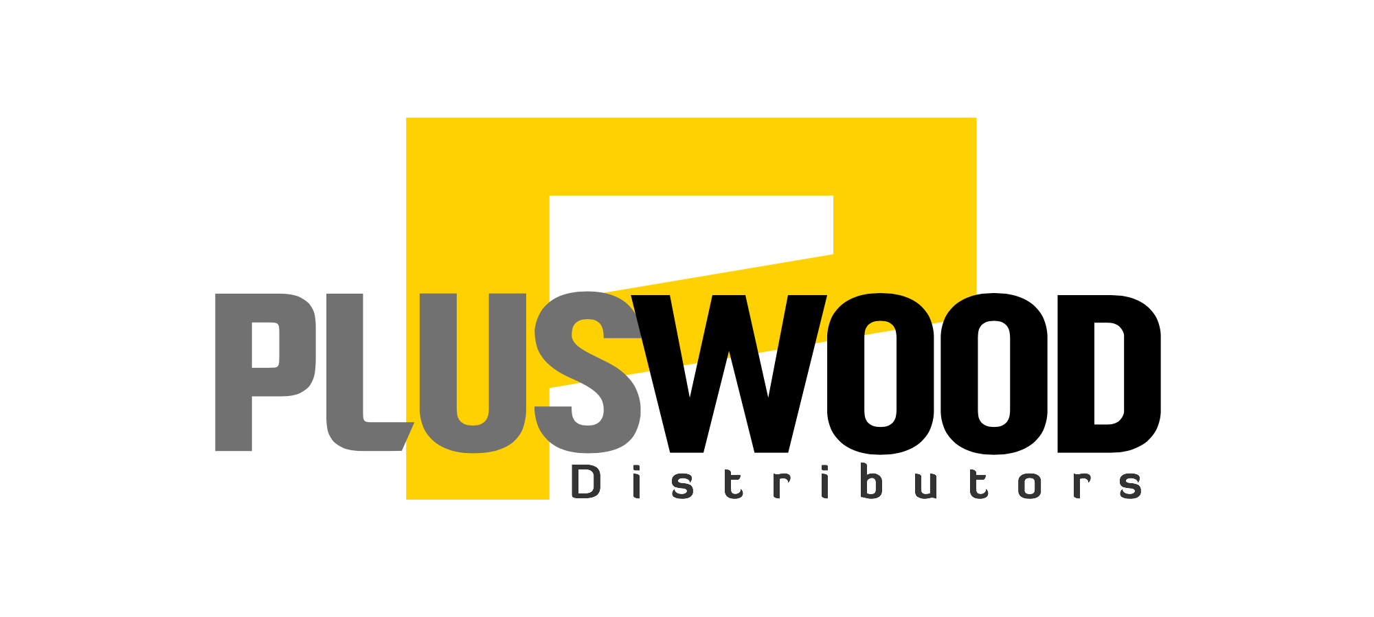 Pluswood Distributors logo with a yellow and gray design, bold text.