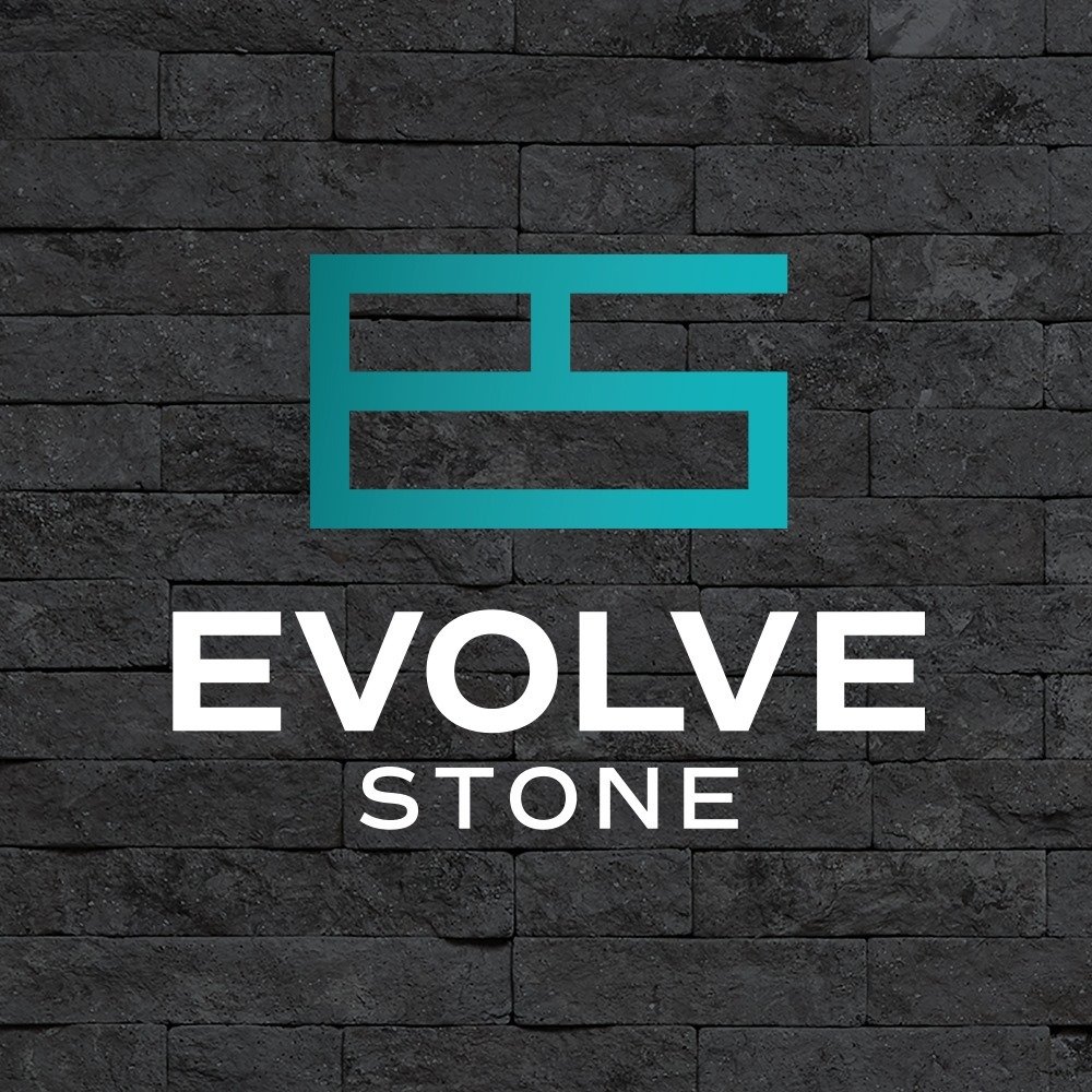 Evolve Stone logo with turquoise initials "ES" on a dark textured stone background and the words "Evolve Stone" in white.