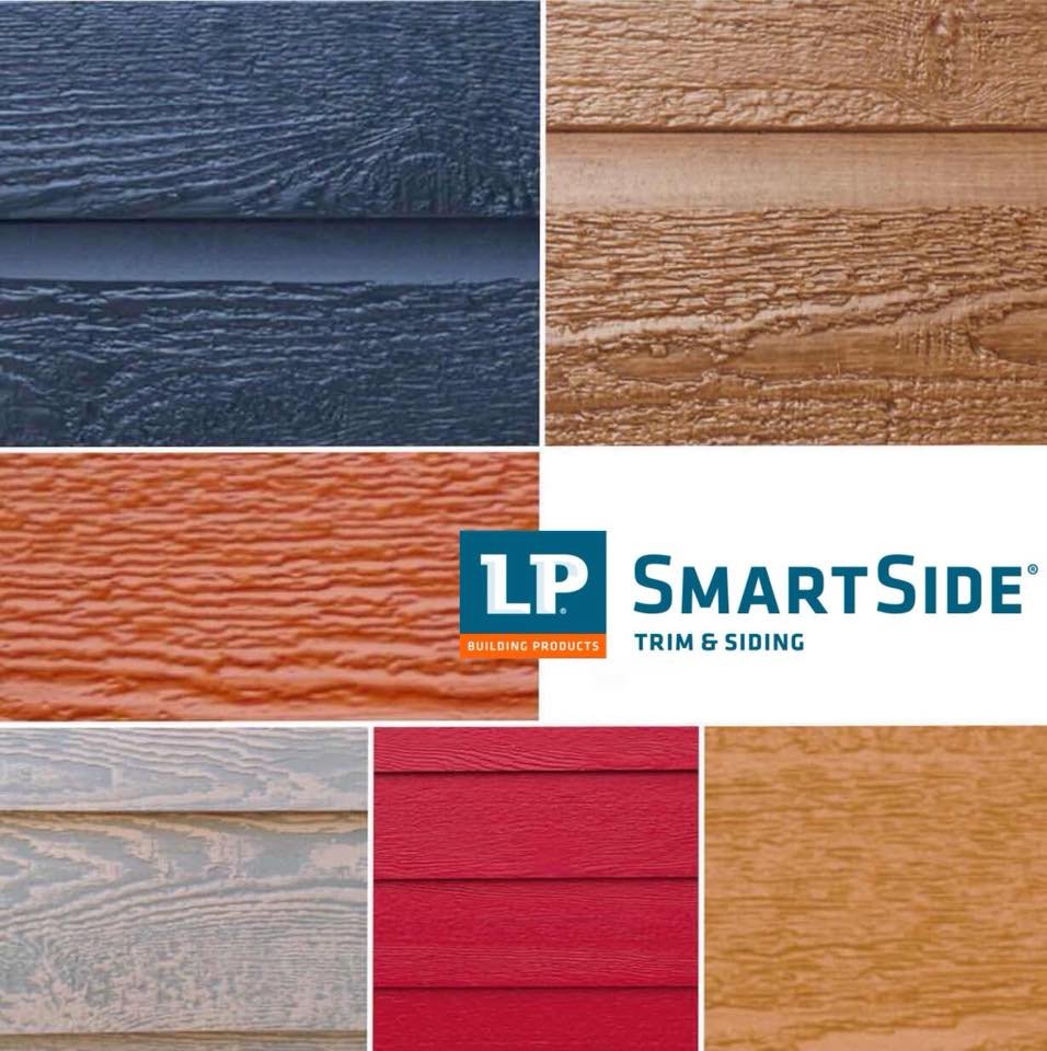 Various textured siding samples in blue, brown, orange, white, red, and tan colors, alongside LP SmartSide Trim & Siding logo.