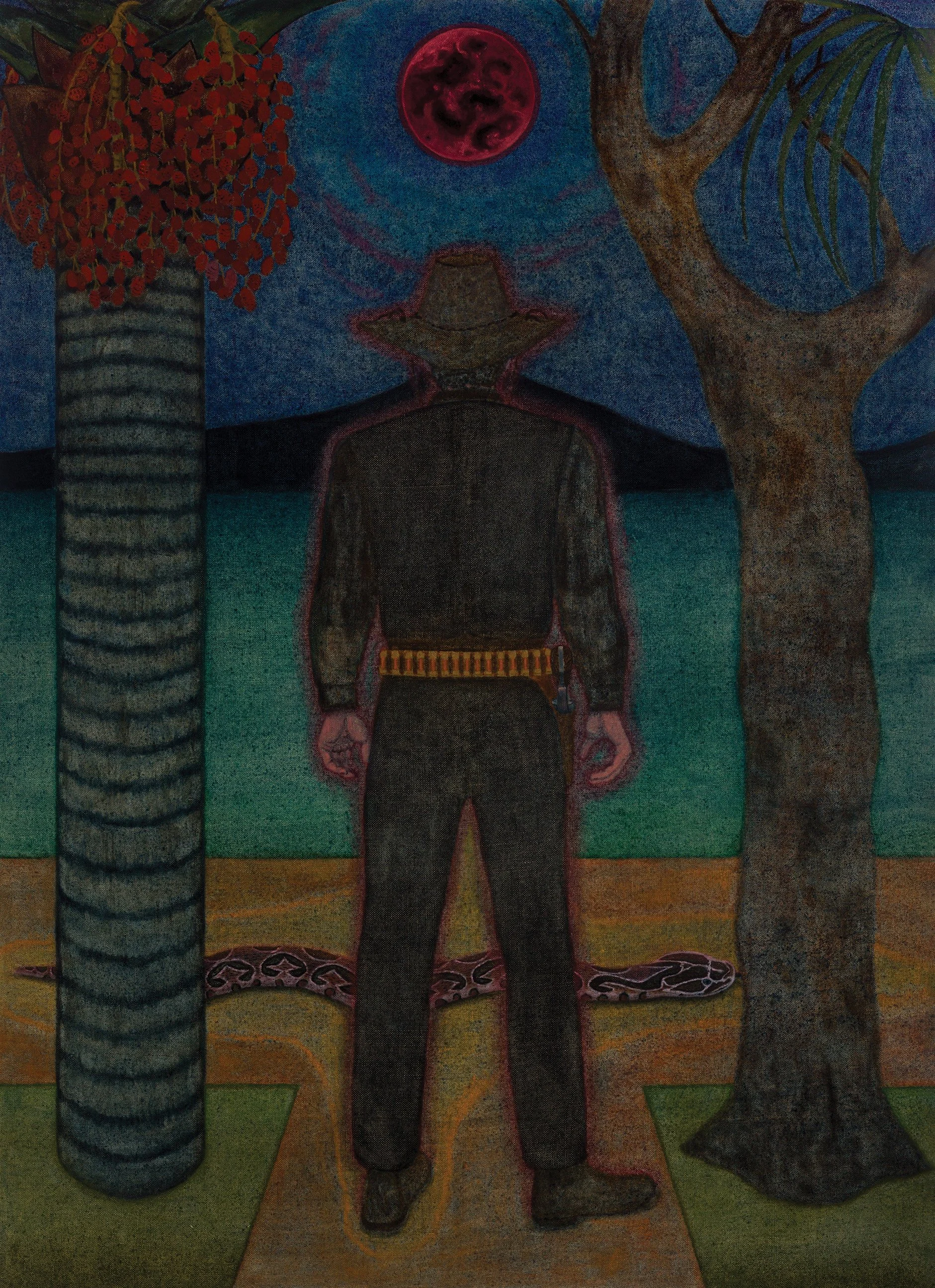 Encruzilhada (Urutu Branco), 2026 | Oil on jute | 220x160cm | The repetition of narratives in our culture has occurred constantly for a very long time. The crossroads, as a symbol of confrontation and openness, abandonment and transcendence, occupies