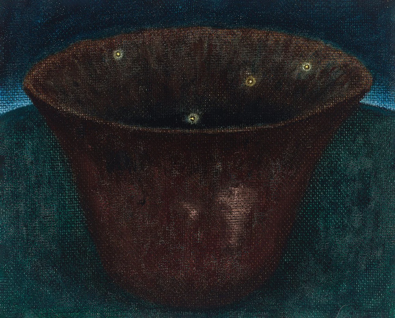 Cratera, 2026 | Oil on jute | 24x30cm | “In the writings of Poimandres, a pagan Gnostic, the crater is a vessel filled with spirit, sent to Earth by the Creator-God so that those who seek a higher consciousness may be baptized within it. It was a kin