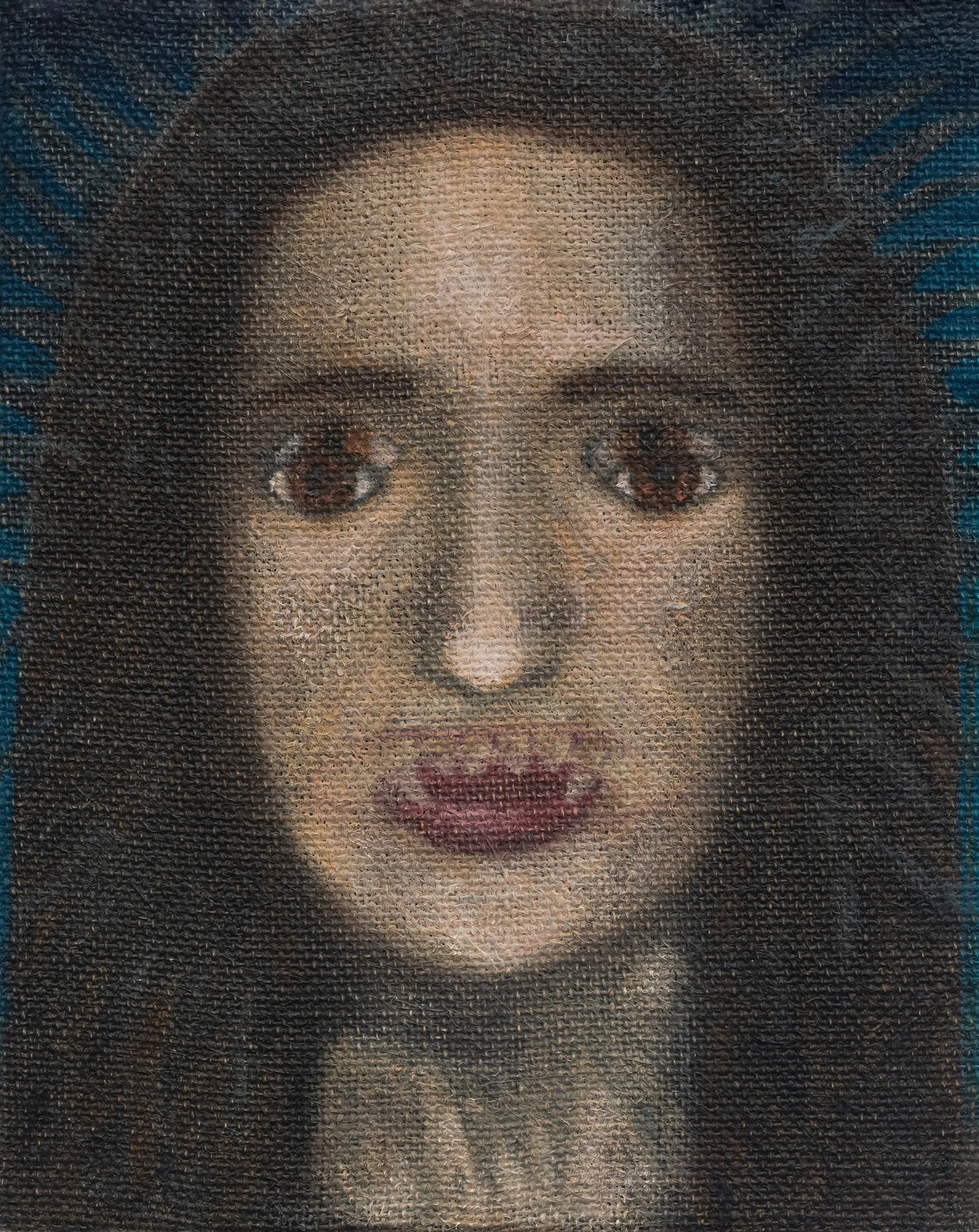 Monga, 2025 | Oil on jute | 30x24cm | In the traveling amusement parks of Brazil’s countryside, many children would run away in fear when witnessing the trick known as ‘Monga,’ in which a woman transformed into a giant ape through the superimposition