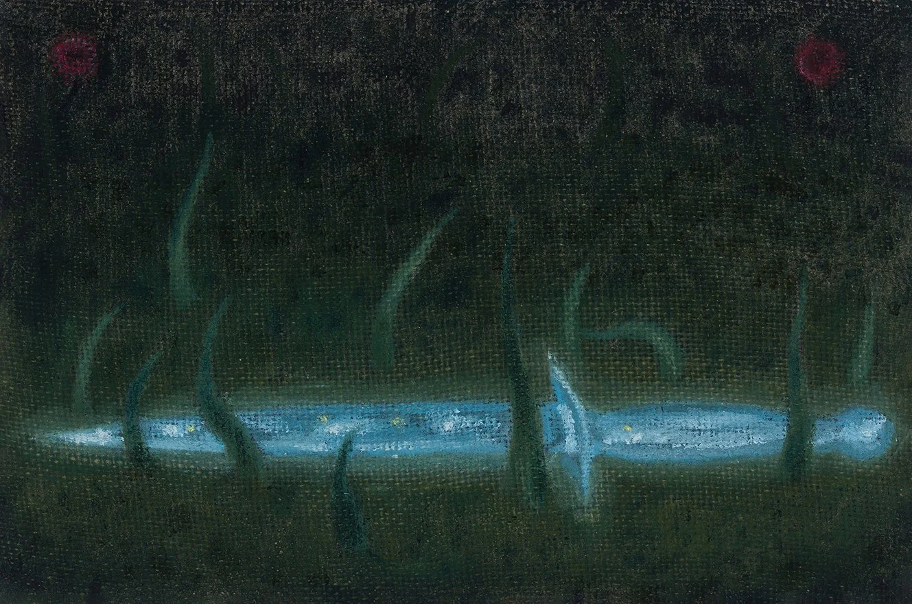 Punhal, 2026 | Oil on jute | 20x30cm | In the universe of ‘Grande Sertão: Veredas’, the jagunços are always armed with their daggers, weapons with long blades and sharp points, unsharpened along the edges, made solely for piercing. Left upon the low 