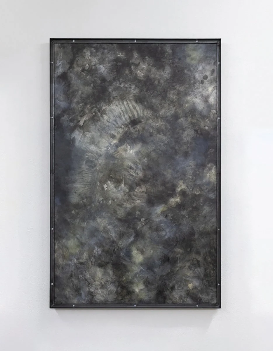 Dog from the prairie, 2024 | Print and ink on canvas, metal structure | 137x87cm | Dog from the prairie takes origin from the image of an old protective collar for shepherd dogs, an apparatus designed to defend them from wolf attacks. This image is p