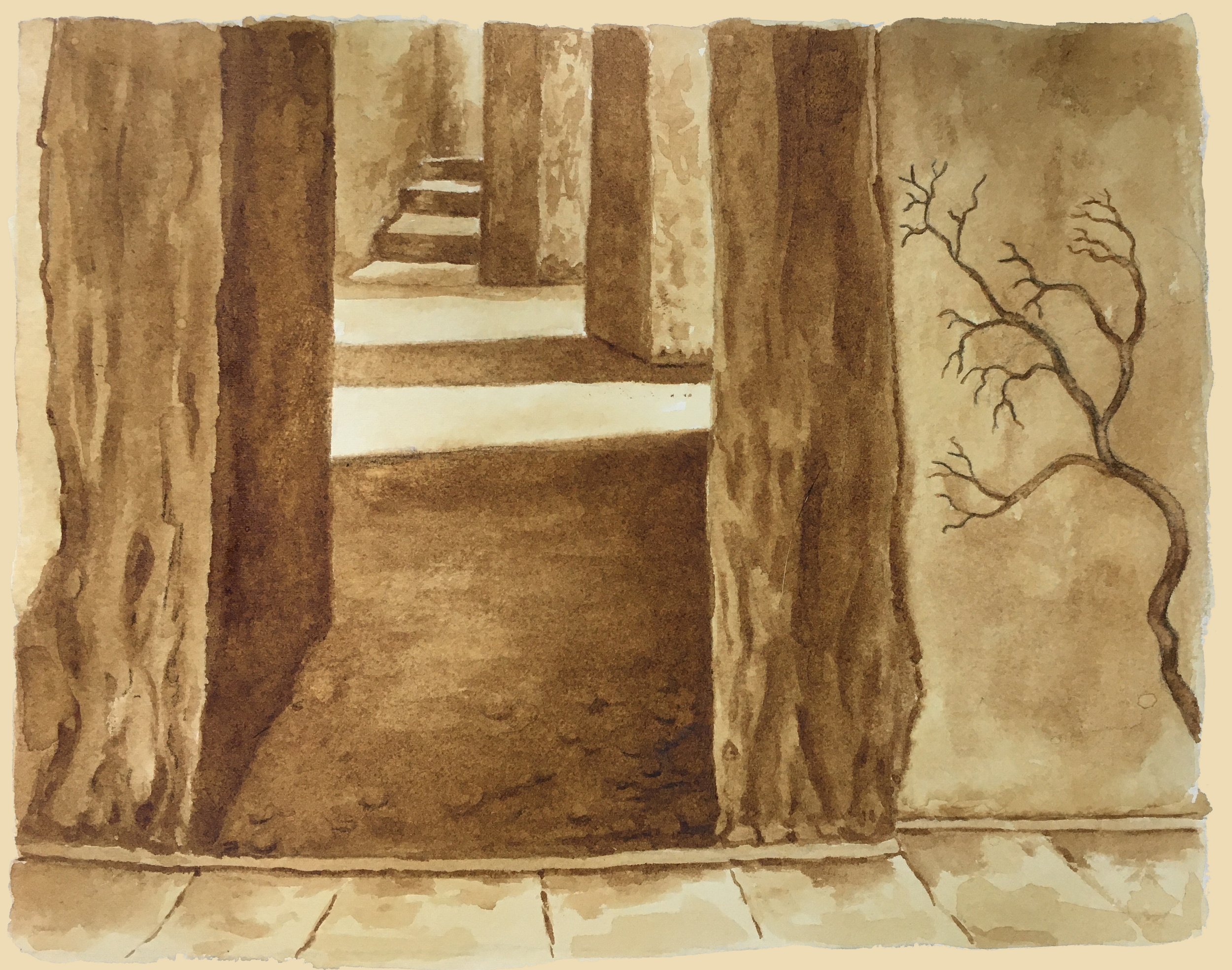 coffee painting of old doorway printed on greeting card