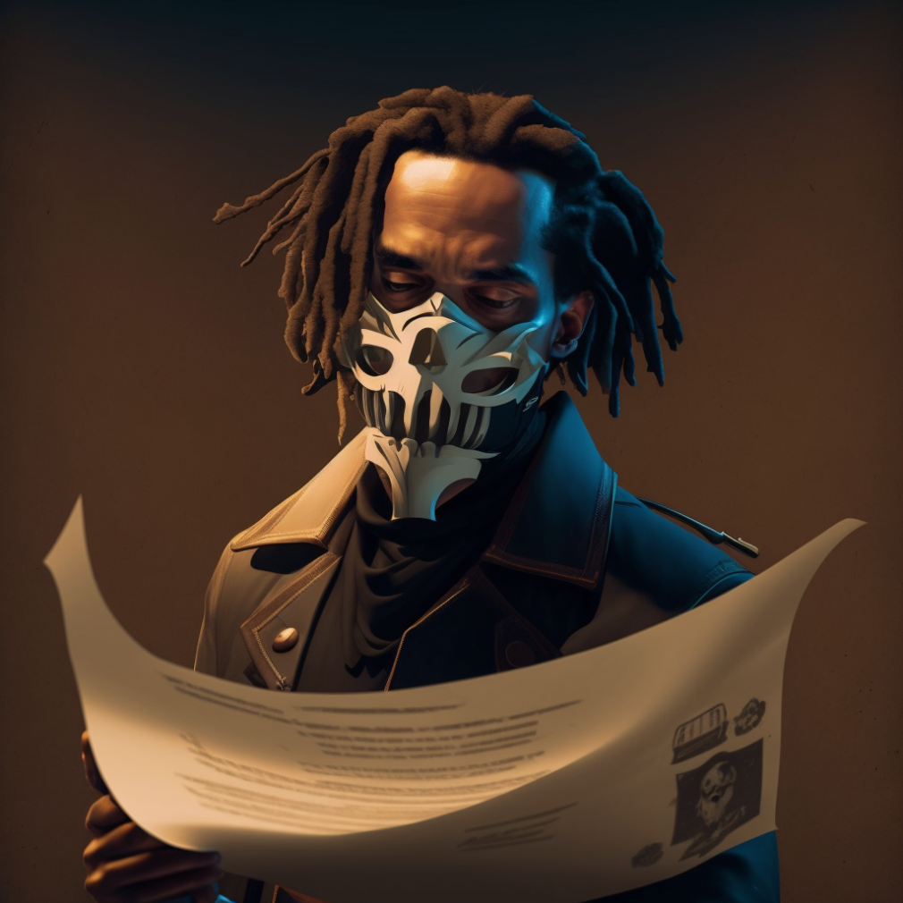 Person with reddish-brown dreadlocks wearing a skull mask and a black leather jacket, holding and reading a large document or poster with a dark background.