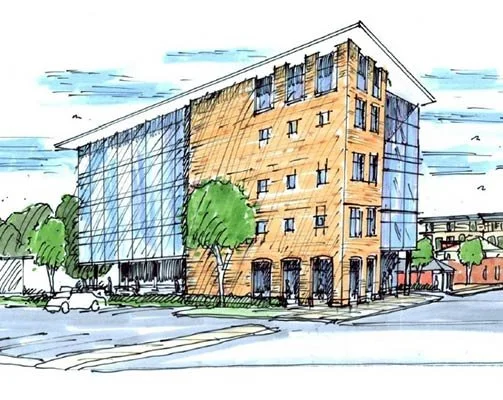 A hand sketched illustration of a modern multi-story building with glass and brick exterior, trees, parked cars, and a street in an urban setting.